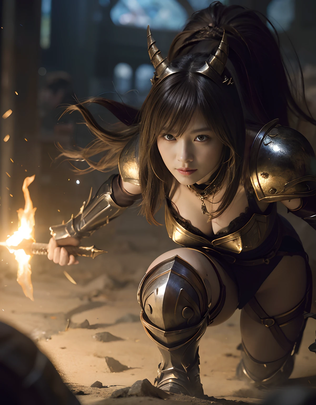 (One Knight Girl)、top-quality、masterpiece、超A high resolution、(Photorealsitic:1.4)、Raw photo、女の子1人、(Wear the Dark Knight's Armor)、glowy skin、(((Dark Fantasy)))、With a beautiful sword and shield、(((Mystical expression))),(Gorgeous Gold Metal Bodysuit)、(Fight goblins、ogre、Fierce battle with orcs),(Fighting strong enemies)、Fight fiercely、(Background of decaying dungeon ruins)、(Ultimate Beauty)、(Detailed knight's helmet)、(Fighting Demonic Beasts)、(Small LED)、((super realistic details))、portlate、(Strong giant demon beast background),globalillumination、Shadow、octan render、8K、ultrasharp、Colossal tits、Raw skin is exposed in cleavage、metals、Details of complex ornaments、Japan details、highly intricate detail、Realistic light、(Mystical expression),CGSoation Trends、Red Eyes、radiant eyes、Facing the camera)、Gundam、Small LED、Toostock、(Background of the mutation)、(Attack of the Monster Beasts)、Ultimate Beauty、beautiful female knight、