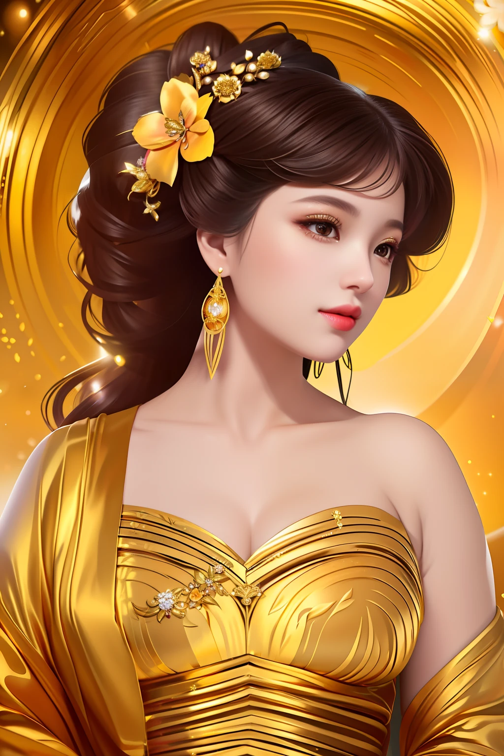 a close up of a woman in a gold dress with a flower in her hair, portrait of modern darna, beautiful oriental woman, gorgeous woman, beauty woman, gorgeous beautiful woman, asian woman, a beautiful fantasy empress, beautiful asian woman, very beautiful woman, traditional beauty, beautiful woman, asian women, beautiful goddess, beautiful digital artwork, portrait of a beautiful goddess