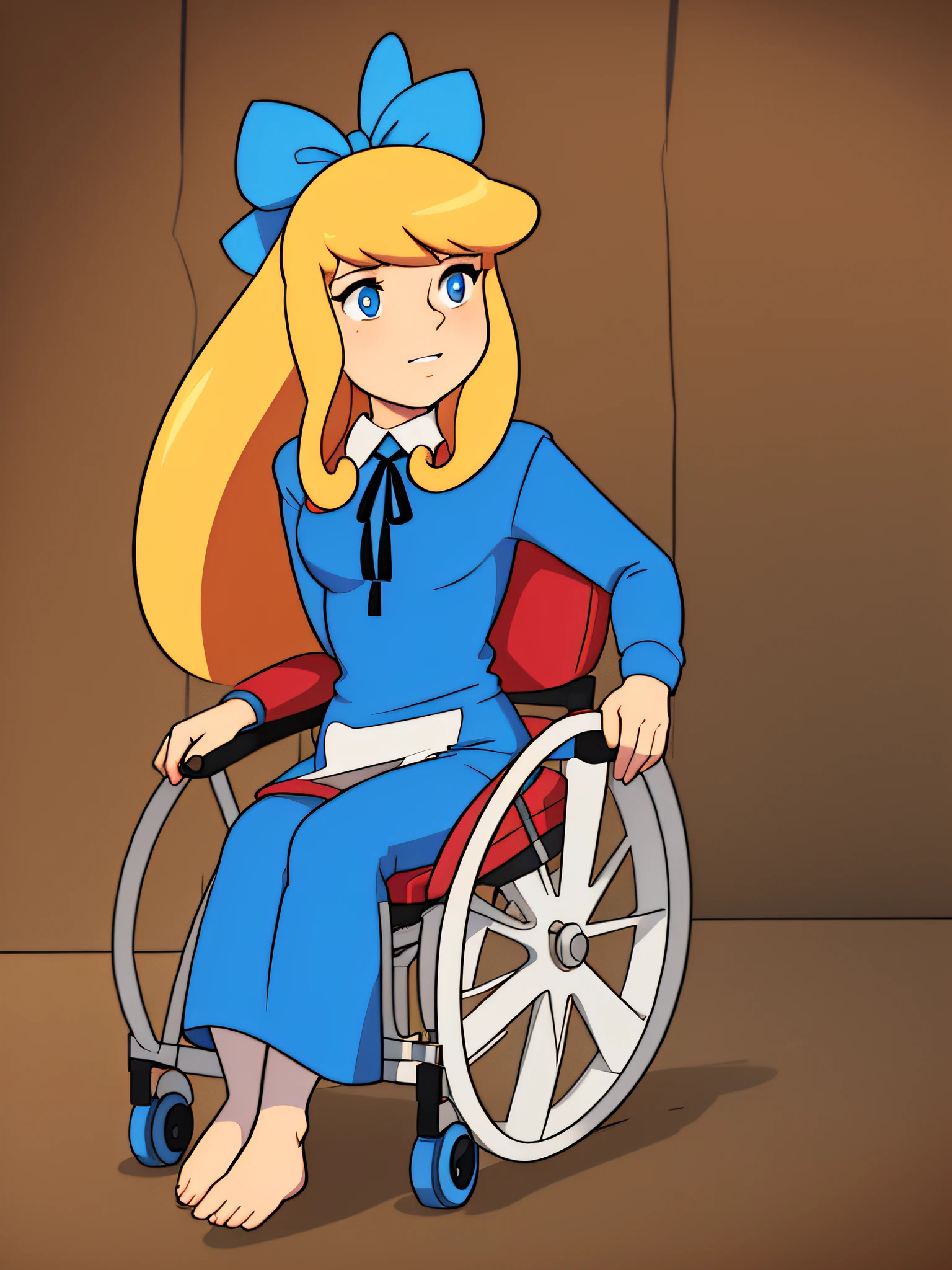 full body only, top quality, high resolution, ultra detailed, extremely detailed illustration, detailed illustration, best anatomy, best proportions, best composition, best spacial composition,klara_sesemann,blonde hair,hair ribbon,blue eyes,blue dress, pantyhose:0.78, without shoes, sitting in wheelchair, detailed wheelchair, living room, apartment, from 3/4 view,