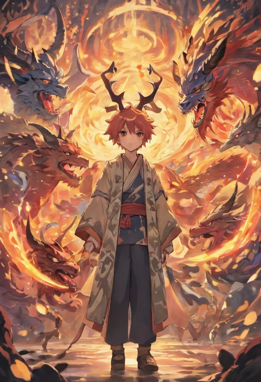 A beautiful boy with long horns in the middle，Surrounded by various yokai，Monsters resemble dragons and birds，