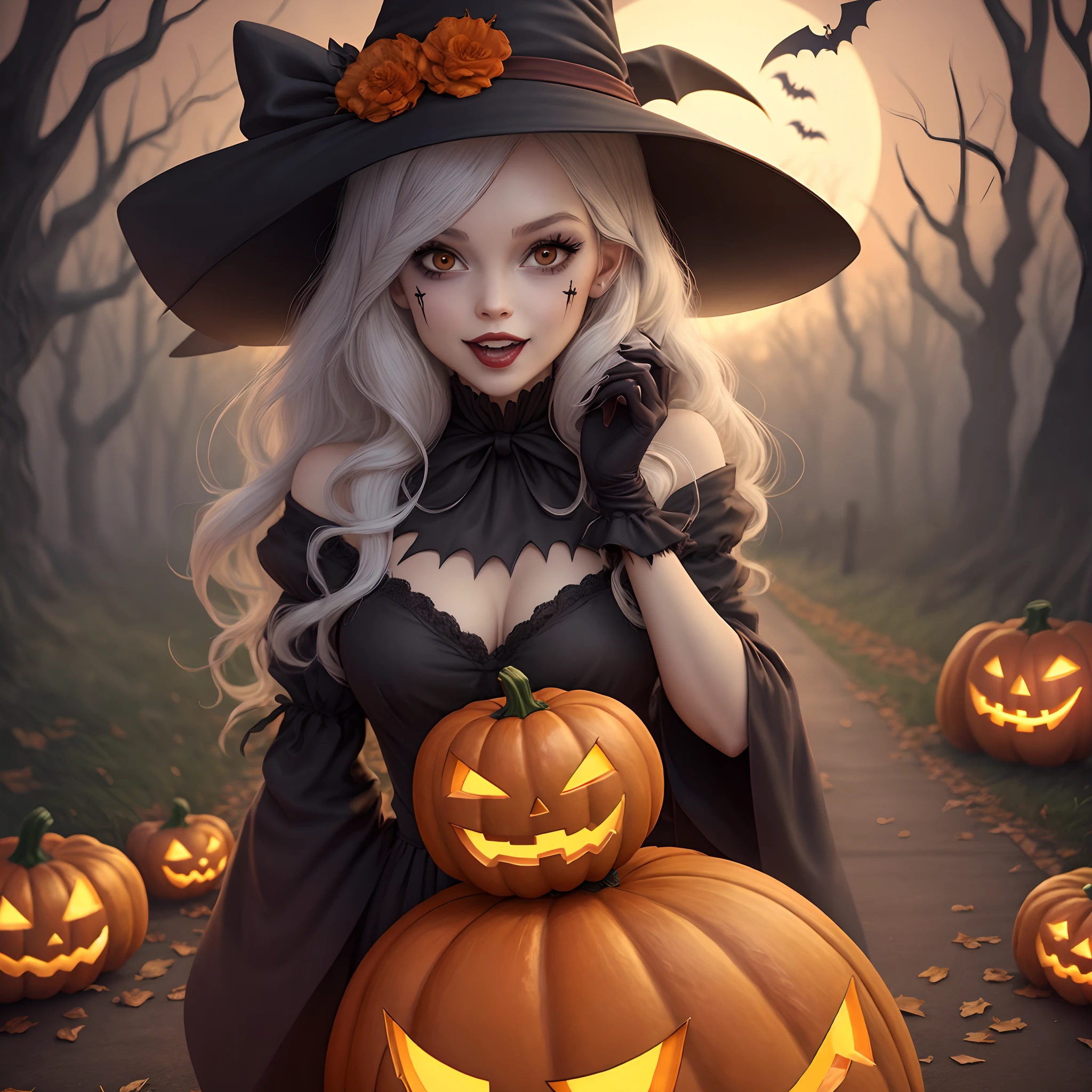 A girl in a Halloween pumpkin patch, vibrant autumn colors, detailed pumpkins, spooky atmosphere, beautiful sunset lighting, playful shadows, children running and laughing, costumes and face paint, jack-o'-lanterns, whimsical decorations, magical moonlight, haunted forest, flickering candlelight, eerie mist, trick-or-treating excitement, spooky sound effects, creepy creatures, ghostly apparitions, glowing eyes, mysterious fog, spooky silhouette, black cats, witches and broomsticks, candy and treats, moonlit graveyard, carved pumpkins, bats flying in the night sky, spooky spider webs, full moon, stars twinkling, Halloween festivities, night of enchantment and thrill, eerie aura, witch hats and cauldrons, trick-or-treat bags filled with goodies, spellbinding magic. (best quality, high-res, ultra-detailed), vibrant colors, Halloween-themed, spooky atmosphere, hauntingly beautiful, moonlit night, magnificent, visually stunning, atmospheric lighting.