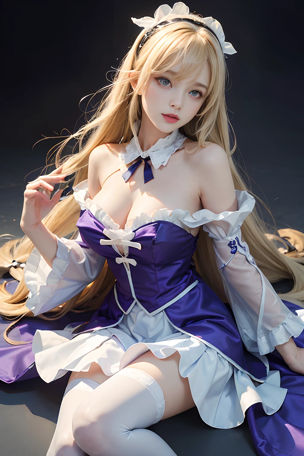 ((Masterpiece,Best quality)),Negative space:1.3,Dutch angle:1.2,1girll,Solo, fischl (A dream of eternal night) (Genshin Impact), Red eyes, (White pupils:1.2), Alternating eye colors, fischl (Genshin Impact), Detached collar, Detached sleeves, Official alternative costumes, Blonde hair, hair on one eye, head gear, dress, Long hair, upper legs, Bare shoulders, white thighhighs, Long sleeves, frilld, ring, Purple dress, Puffy sleeves, Pantyhose, bangs, White pantyhose, single leg pantyhose, Juliet sleeves, Breasts, ribbon, frilled sleeves, single thighhigh, jewelry, Large breasts, Breasts , Upper body,
