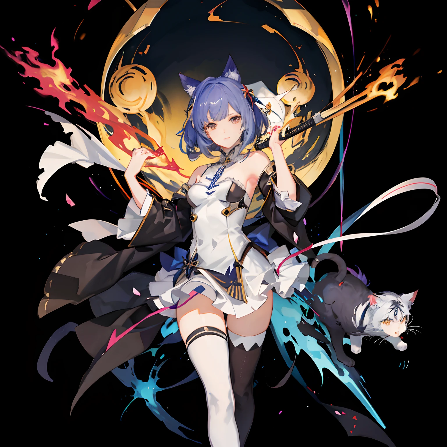 Anime girl with cat and sword in front of full moon, Ayaka Genshin Impact, best anime 4k konachan wallpaper, from arknights, cushart krenz key art feminine, from the azur lane videogame, Anime art wallpaper 8k, ayaka game genshin impact, characters from azur lane, anime art wallpaper 4k