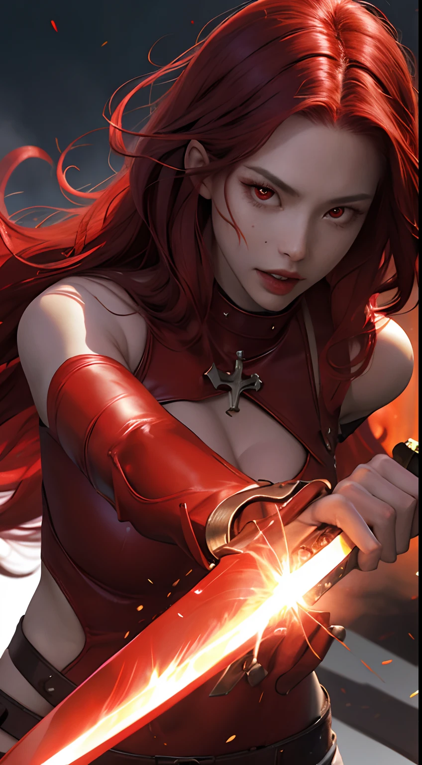 a cool，20th generation female，long red wavy hair，Red Eyes，sharp eye，glares，Red leather，body suit，complicated decoration，cross belt，Comical illustrations，loimu，，（Effect Effects），Fantasia，Holding a huge sword，Flaming sword，battle field，A warrior，swordsmen，Beautuful Women，Detailed expression of realistic skin texture、Facial expression close-up