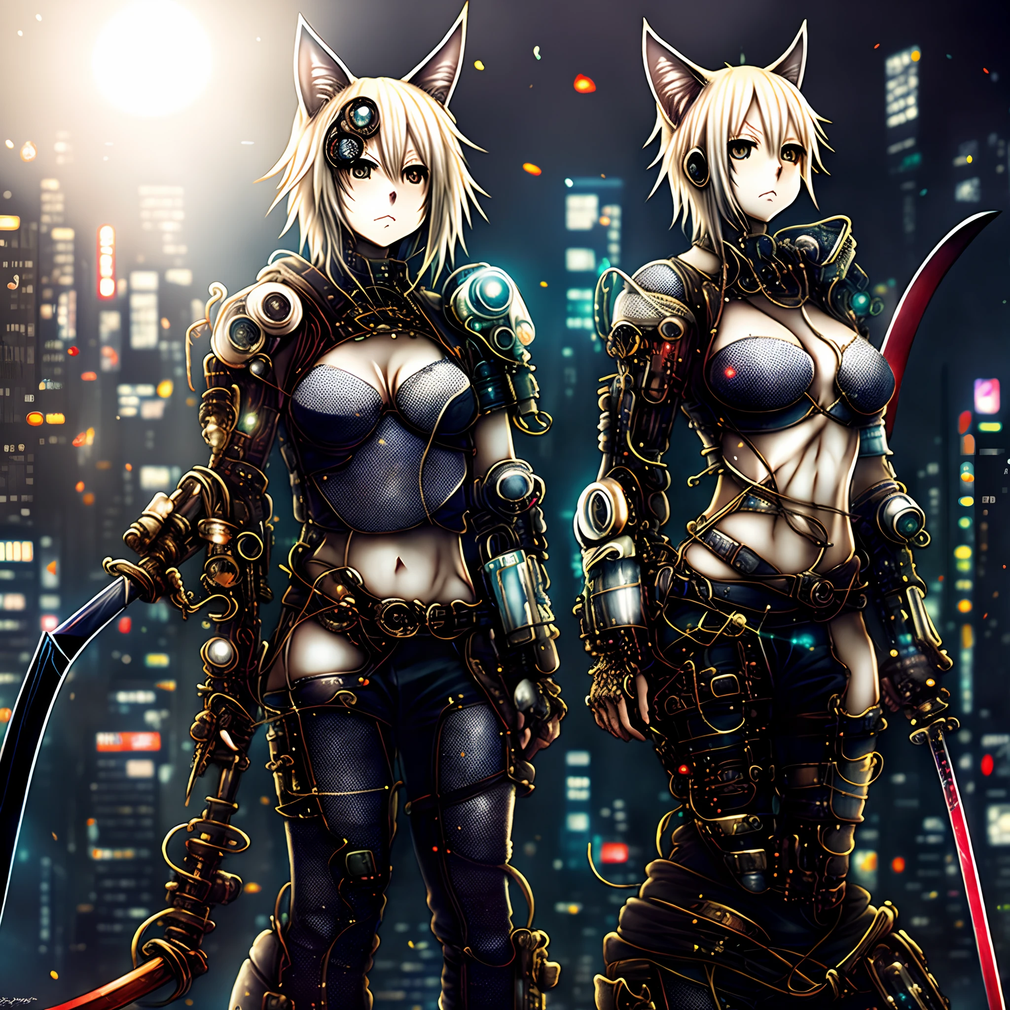 Epic insanely detailed cat-eared blonde girl cyberpunk full body holding a Japanese sword 8k anime アスペクト 2:3