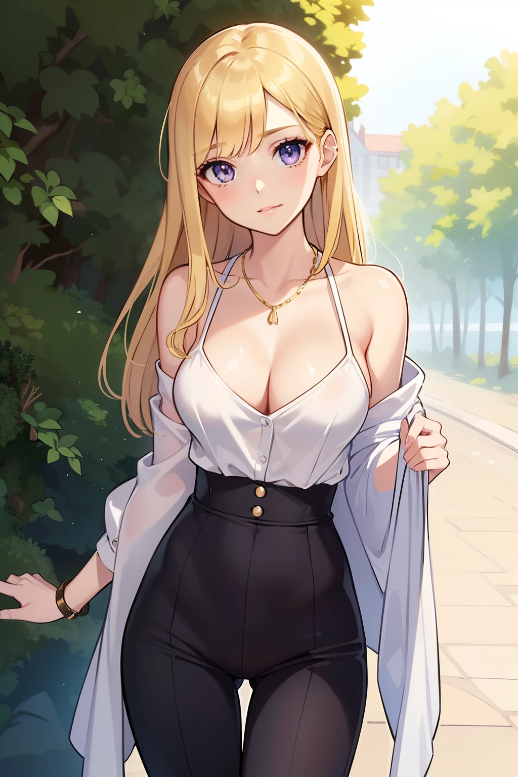 (masutepiece, Best Quality), (finely detailed beautiful eye), (finely detailed eyes and detailed face), (Scenery), (extremely details CG, Ultra-detailed, Best Shadow), ((depth of fields)), beautiful concept illustration, (Illustration), (extremely fine and beautiful), (perfect detail), Cowboy Shot, Young Woman, Mid-20s, Smile, Happy, Cool and sophisticated hairstyle, Golden blonde hair, shoulder length hair, Medium Hair, Simple styling, Sharp lines, Natural and elegant makeup, Makes skin shiny、To bring out the transparency, Simple eye makeup, mascara, Are your lips calm?、The color is calm, minimalism, monotone, simple color palettes, clean, sharp designs, flowing silhouettes, Tight skirts and pants, High-waisted skirts and pants, dress simple, Shirts and blouses, asymmetric, Geometric, Elegant and luxurious materials and designs, It features a simple, minimal accessories, Slim necklaces and rings in silver or gold, Simple bangles, Distinctive designs, simple silhouette, chic and mature impression, simple and sophisticated style, Elegance, minimalism, high quality materials, cool and urban impression, high fashion, simplicity and sophistication, ((Lavender eyes))