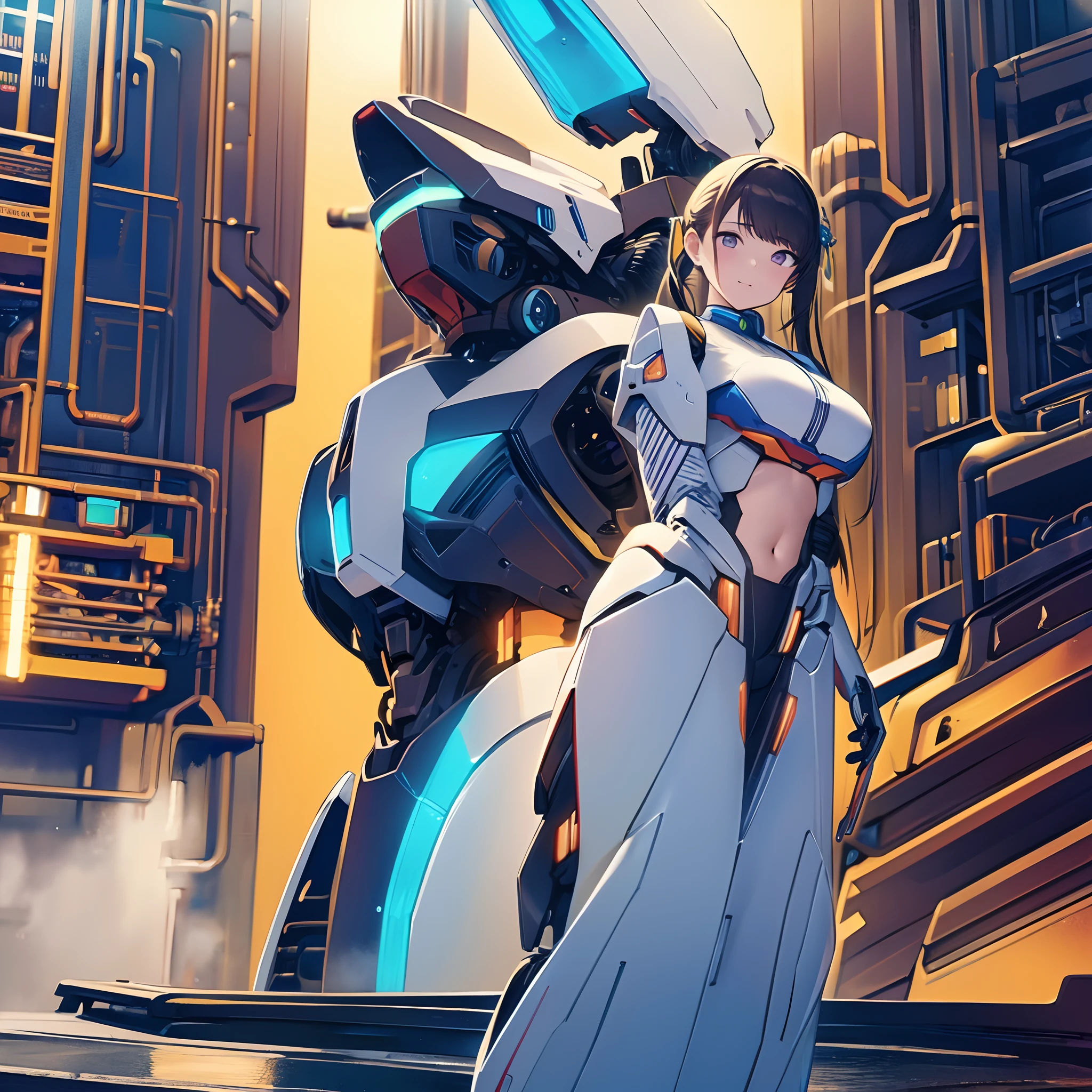 ((masterpiece, best quality)),illustration,ultra detailed 8k,photorealistic,sharp focus,highly detailed,professional lighting,colorful details,iridescent colors BREAK extreme long shot of a factory,large mechanical robot construction,microchip,computer,glowing,intricate details,shitu-mecha,1girl is standing in front of the audience,Navel