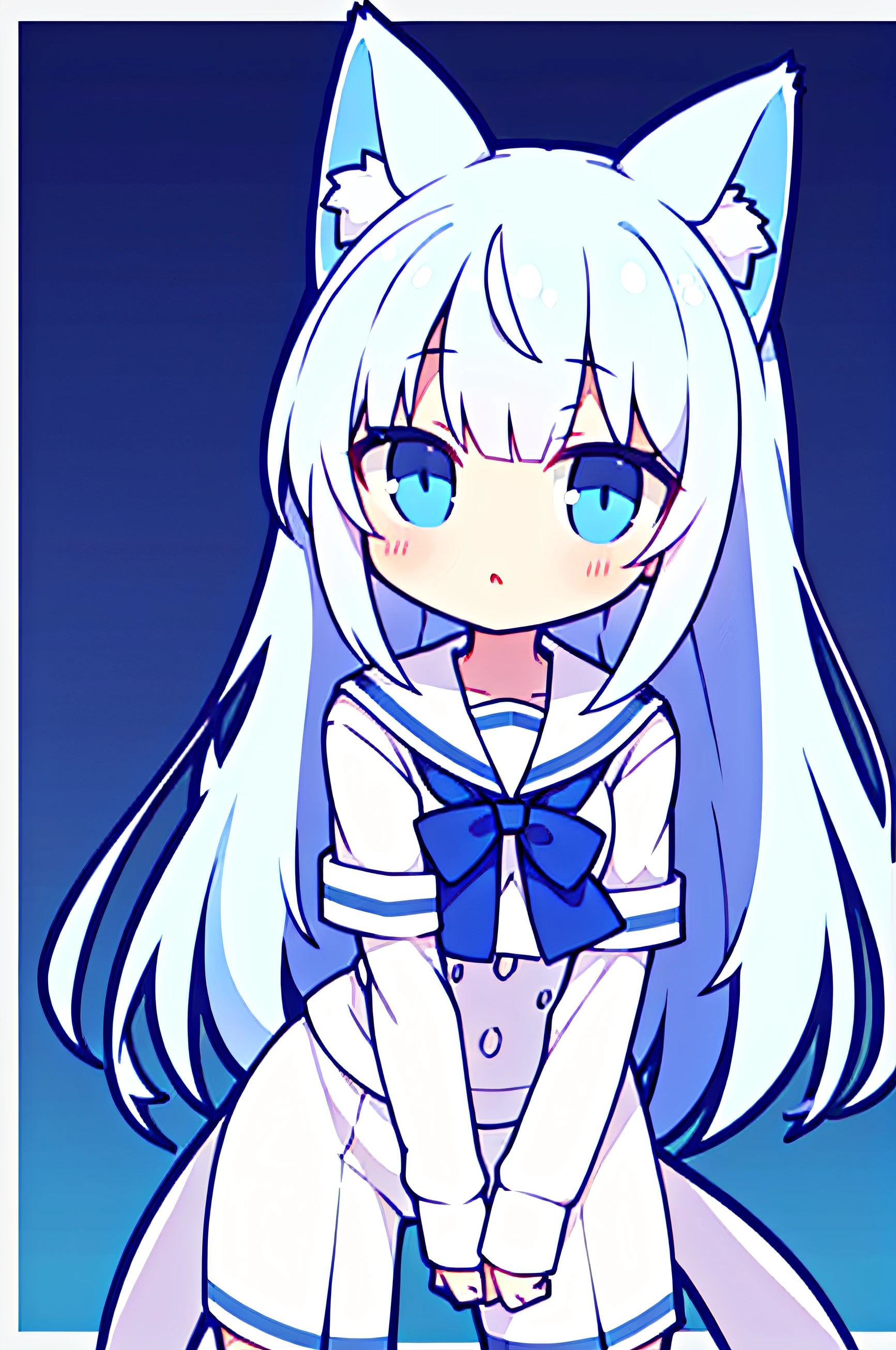 girl，Cat ears，blue color eyes，white color hair，full bodyesbian，a sailor suit，white backgrounid