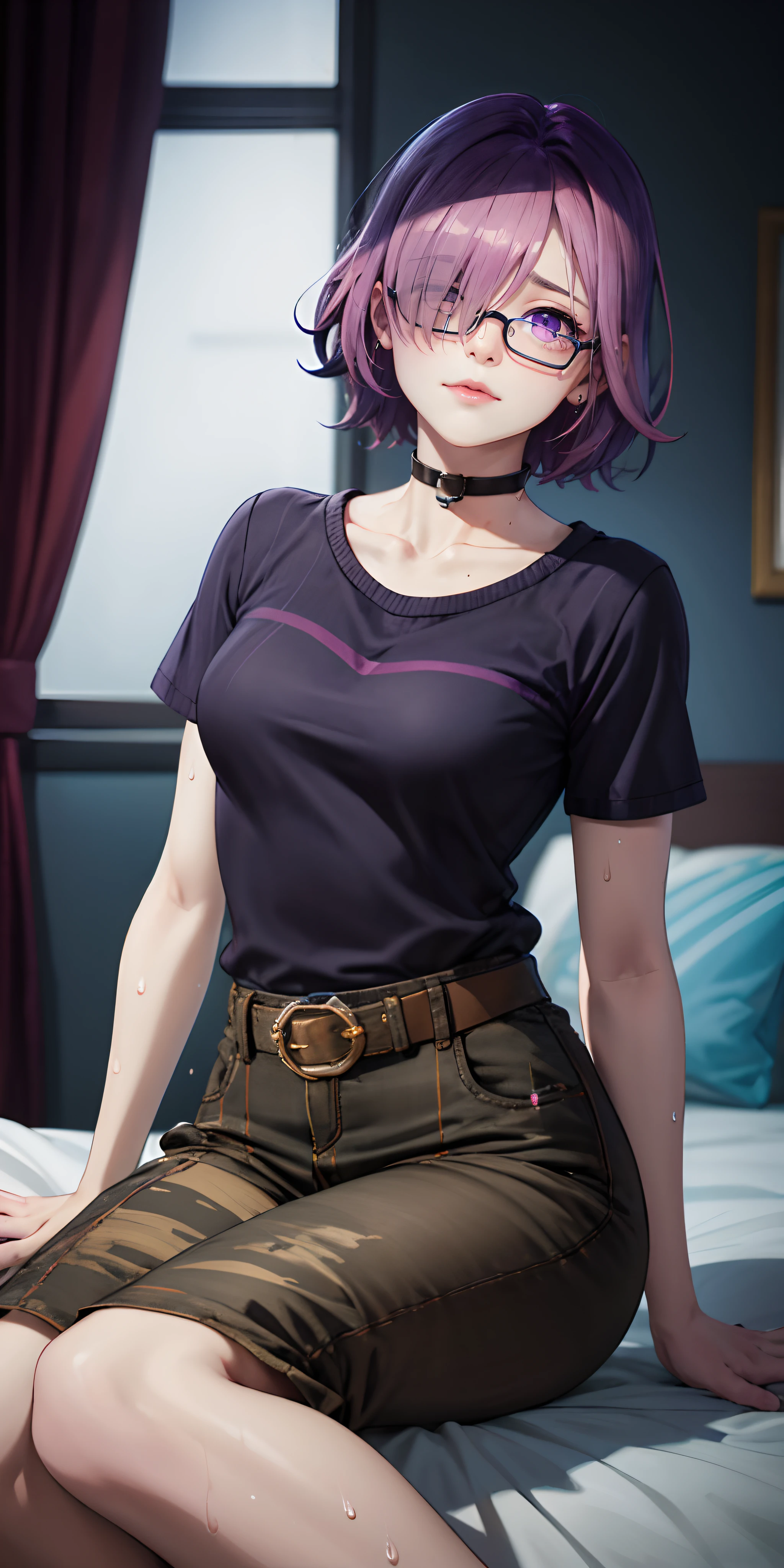 mash kyrielight, (medium hair, pink hair, hair over one eye:1.7), glasses, choker,1girl, breasts, looking_at_viewer, sitting, short_sleeves, shirt, indoors, collarbone, black_shirt, belt, pants, closed_mouth, large_breasts, solo, window, sitting_on_bed, lips, on_bed, shiny, bed, mole, buckle, striped, (sweating:1.5), glow effects, godrays, Hand drawn, render, 8k, octane render, cinema 4d, blender, dark, atmospheric 4k ultra detailed, cinematic, Sharp focus, big depth of field, Masterpiece, colors, 3d octane render, 4k, concept art, trending on artstation, hyperrealistic, Vivid colors, extremely detailed CG unity 8k wallpaper, trending on CGSociety, Intricate, High Detail, dramatic