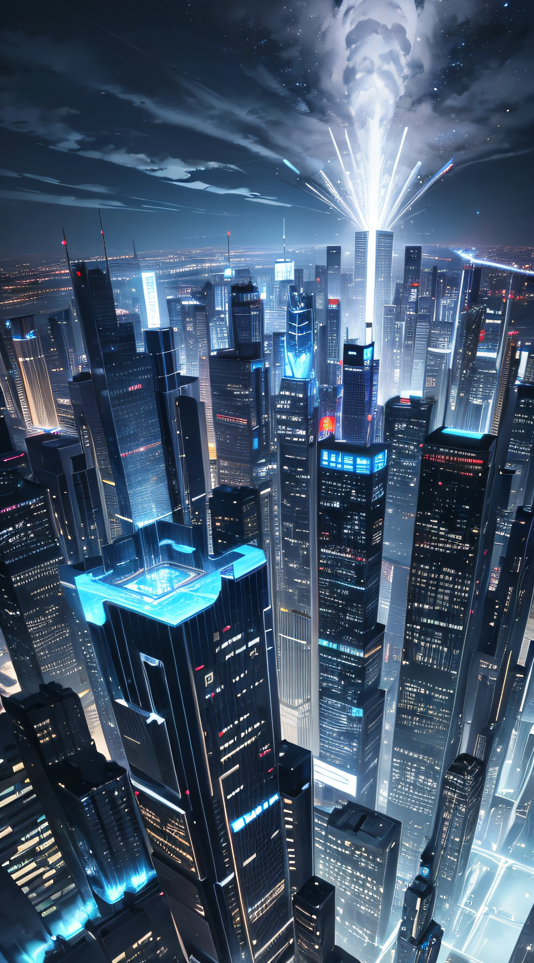 An aerial view of a futuristic megalopolis, with skyscrapers reaching the clouds and flying cars driving through aerial highways. Building lights illuminate the night, creating a striking image of the city of the future.