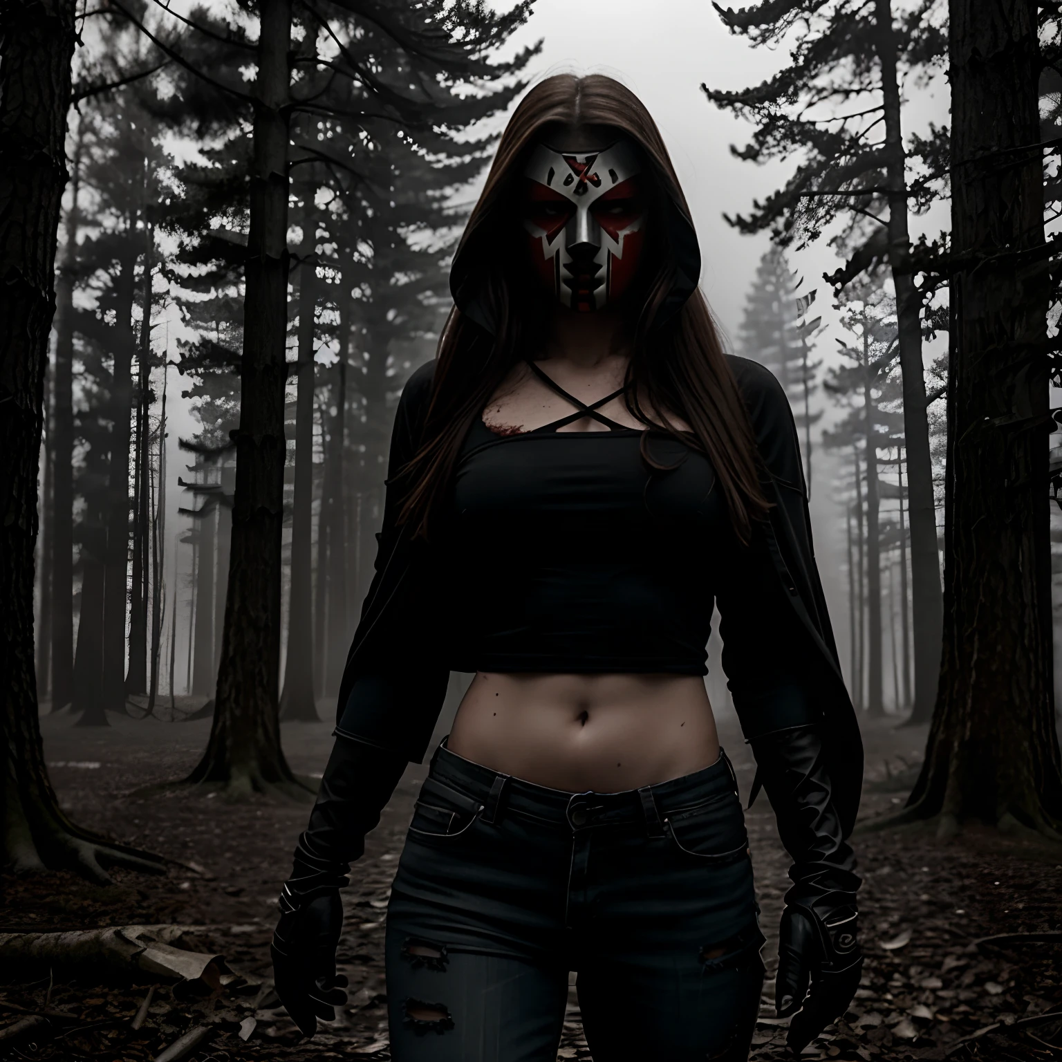 Generate a striking photograph of Autumn in her mid-20s, standing at approximately 5'4". She embodies a female version of Jason Voorhees from the Friday the 13th franchise. Her long, wavy chestnut hair cascades eerily over her shoulders, and her athletic hourglass figure, including her full bust, is cloaked in a sinister yet alluring manner. Her complexion is pallid, creating an eerie contrast with her dark attire.Cloaked in a gender-bent, menacing interpretation of Jason Voorhees' iconic attire, Autumn wears a tattered and blood-spattered hockey mask that conceals the upper part of her face. Her clothing consists of a weathered, blood-stained hockey jersey with the number 13, paired with distressed, dirt-covered jeans and heavy, mud-caked boots.The photoshoot takes place in a creepy, moonlit forest by the shores of Crystal Lake. The atmosphere is shrouded in fog, and the dim moonlight casts eerie shadows through the trees, creating a chilling ambiance.Autumn strikes poses that convey both malevolent power and eerie allure. She might menacingly wield a bloodied axe, poised to strike, while her expressive brown eyes gleam with malevolence through the eye holes of the hockey mask. Her stance exudes a sinister confidence that captures the essence of Jason Voorhees.Intense look and makeup, asymmetrical mask design, photorealistic, moonlit lighting, ominous fog, reflective axe blade, visible gore and bloodstains, chilling shadows, intricate, elaborate, hyper-realistic.