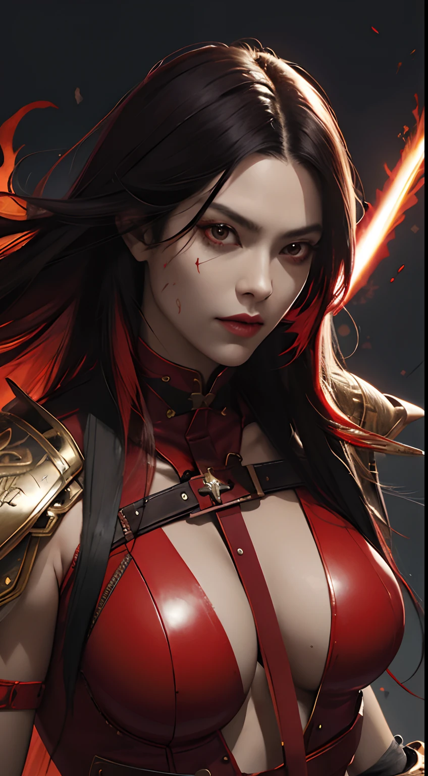 a cool，20th generation female，Long straight hair with red highlights on black hair，Red Eyes，sharp eye，glares，Intricately decorated red leather bodysuit，，cross belt，Comical illustration，loimu，，（Effect Effects），Fantasia，Holding a huge sword，Flaming sword，battle field，A warrior，swordsmen，Beautuful Women，Detailed expression of realistic skin texture、Facial expression close-up