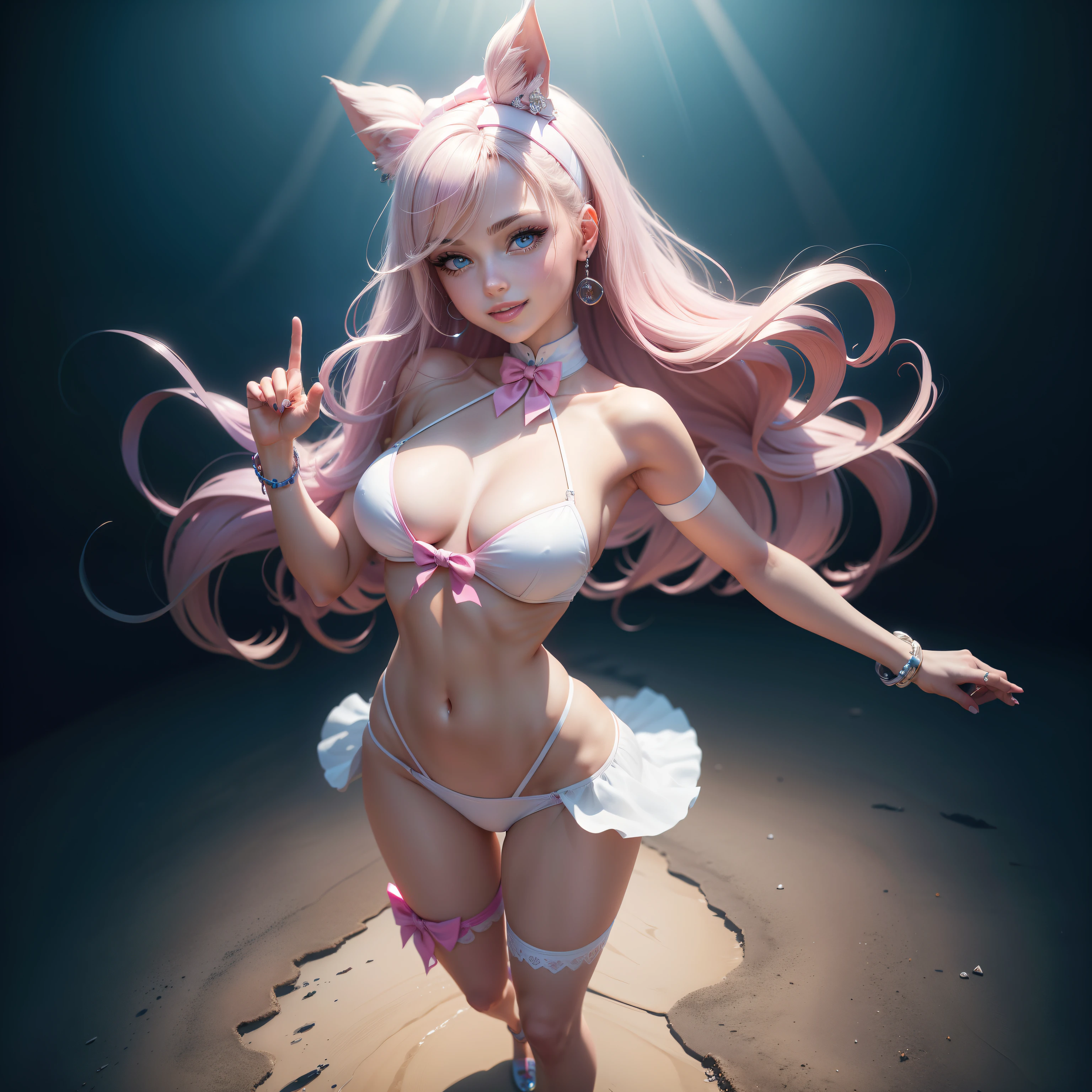 One Barbie, ((Full body)),8th class, Blue eyes, Smiling face, Hair loss swaying in the wind, Hip Hop Singer Pose, Dressed in hip-hop style,White Bikini,swarovski,pasties,With a pink bow on the arm, Fashion, Extremely high quality, high details, 8K, clean back ground, in studio, ((Full body shot)),Align your fingers neatly,Accurate Hand Modeling,wave her hand,