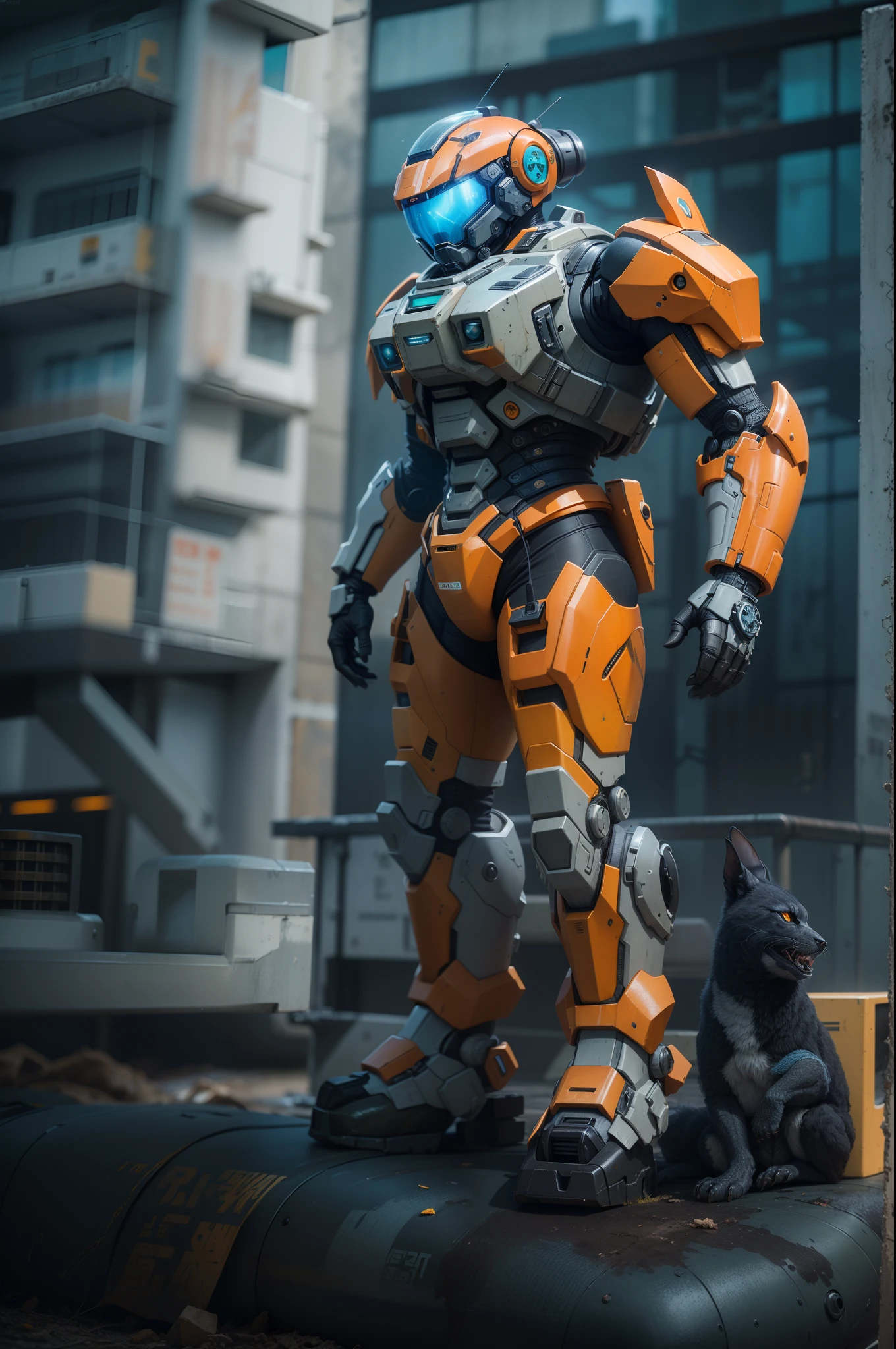 Pacific Rim, Kaiju Invasion Alert, Global Defense Forces Mobilized, Tecnologia futurista, Estilo fotorrealista, capturado com uma Fujifilm X-T20 e uma lente de 35mm, bright emergency lights, ambiente da base militar, Robot in orange armor worn by battle reminiscent of the Masterchief from the game Halo, com armadura laranja desgastada pela batalha e luzes cyan.