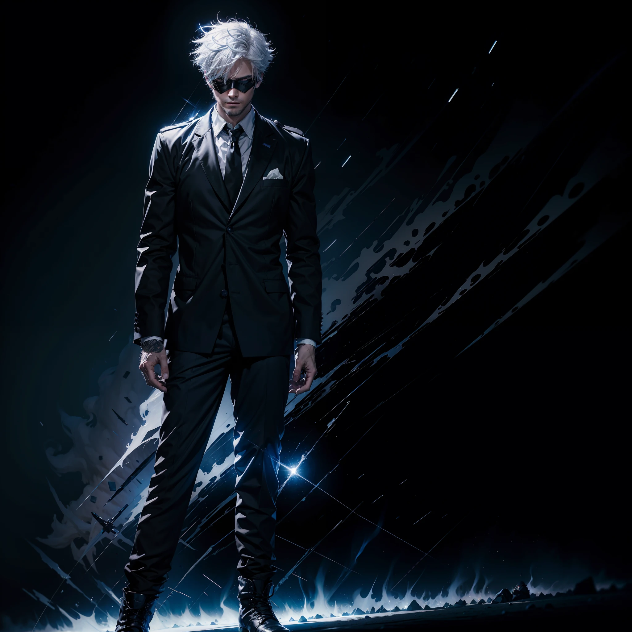 **A handsome 28-year-old man with spiky white hair, piercing blue eyes, and a black blindfold. He is wearing a Jujutsu High uniform, which consists of a black blazer, white dress shirt, black pants, and black boots.