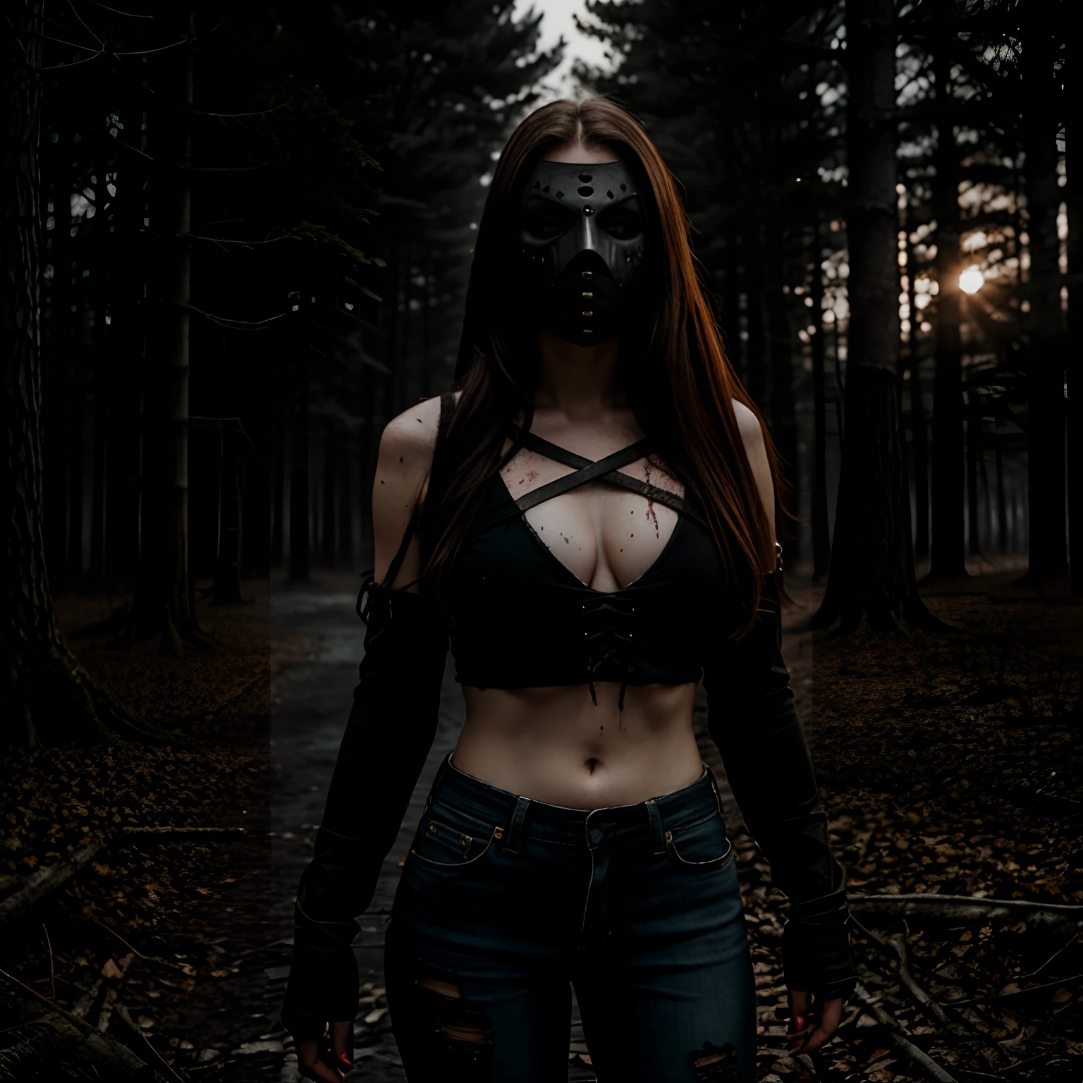Generate a striking photograph of Autumn in her mid-20s, standing at approximately 5'4". She embodies a female version of Jason Voorhees from the Friday the 13th franchise. Her long, wavy chestnut hair cascades eerily over her shoulders, and her athletic hourglass figure, including her full bust, is cloaked in a sinister yet alluring manner. Her complexion is pallid, creating an eerie contrast with her dark attire.Cloaked in a gender-bent, menacing interpretation of Jason Voorhees' iconic attire, Autumn wears a tattered and blood-spattered  mask that conceals her face. Her clothing consists of a weathered, blood-stained  jersey, paired with distressed, dirt-covered jeans and heavy, mud-caked boots.The photoshoot takes place in a creepy, moonlit forest by the shores of Crystal Lake. The atmosphere is shrouded in fog, and the dim moonlight casts eerie shadows through the trees, creating a chilling ambiance.Autumn strikes poses that convey both malevolent power and eerie allure. She might menacingly wield a bloodied axe, poised to strike, while her expressive brown eyes gleam with malevolence through the eye holes of the  mask. Her stance exudes a sinister confidence that captures the essence of Jason Voorhees.Intense look and makeup, asymmetrical mask design, photorealistic, moonlit lighting, ominous fog, reflective axe blade, visible  and bloodstains, chilling shadows, intricate, elaborate, hyper-realistic.