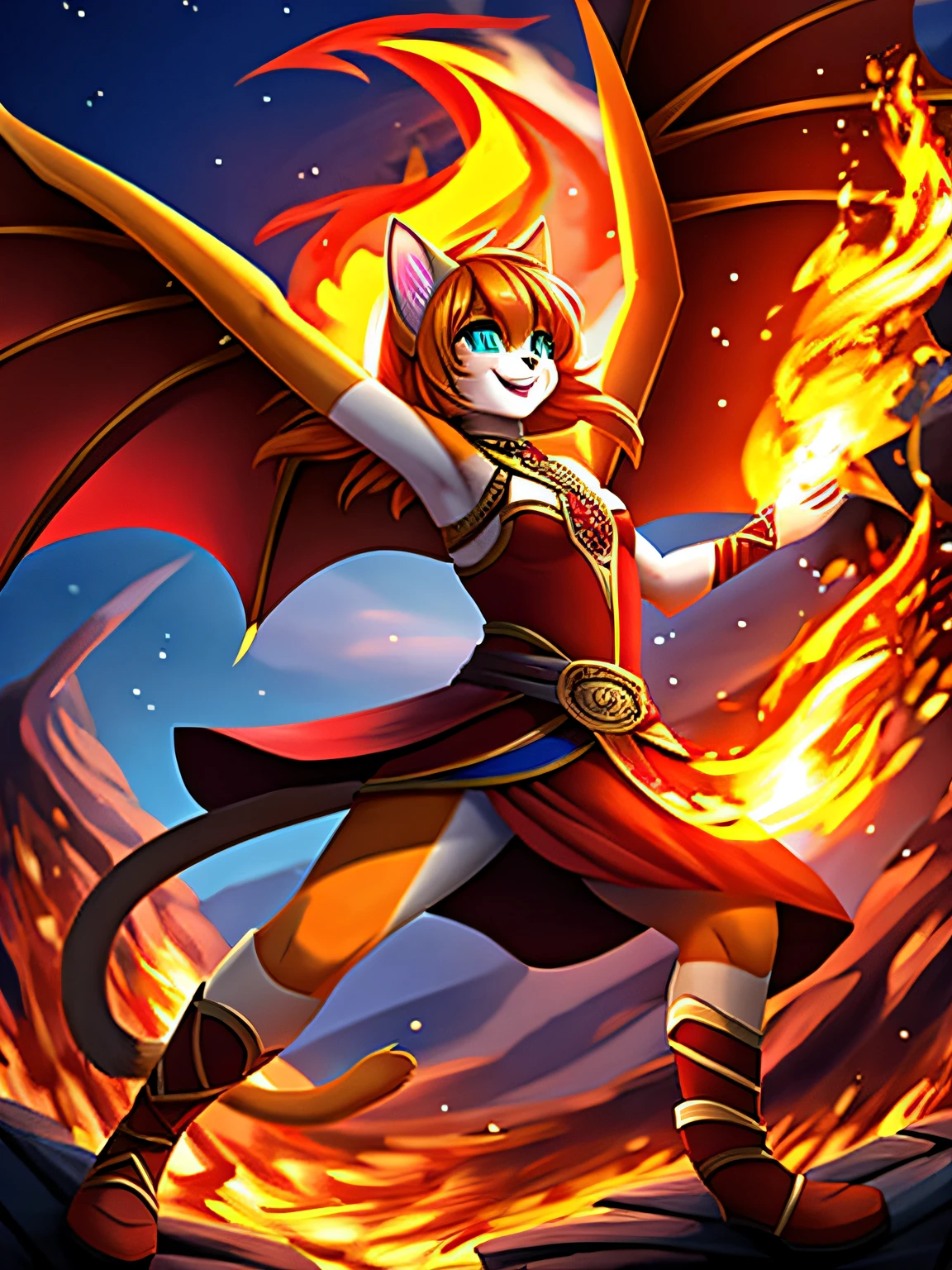 high quality, zoomed out image, a beautiful feminine orange haired and teal-eyed anthropomorphic cat warrior, red clothing, fire, fiery wings, ascending, smiling joyfully, digital art