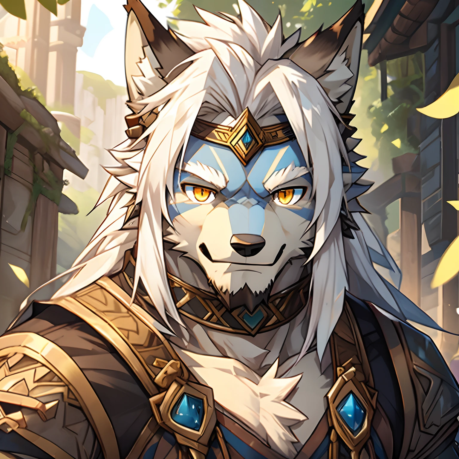 Wolf orcs,White hair,Golden pupils,The hair on the forehead is light blue
