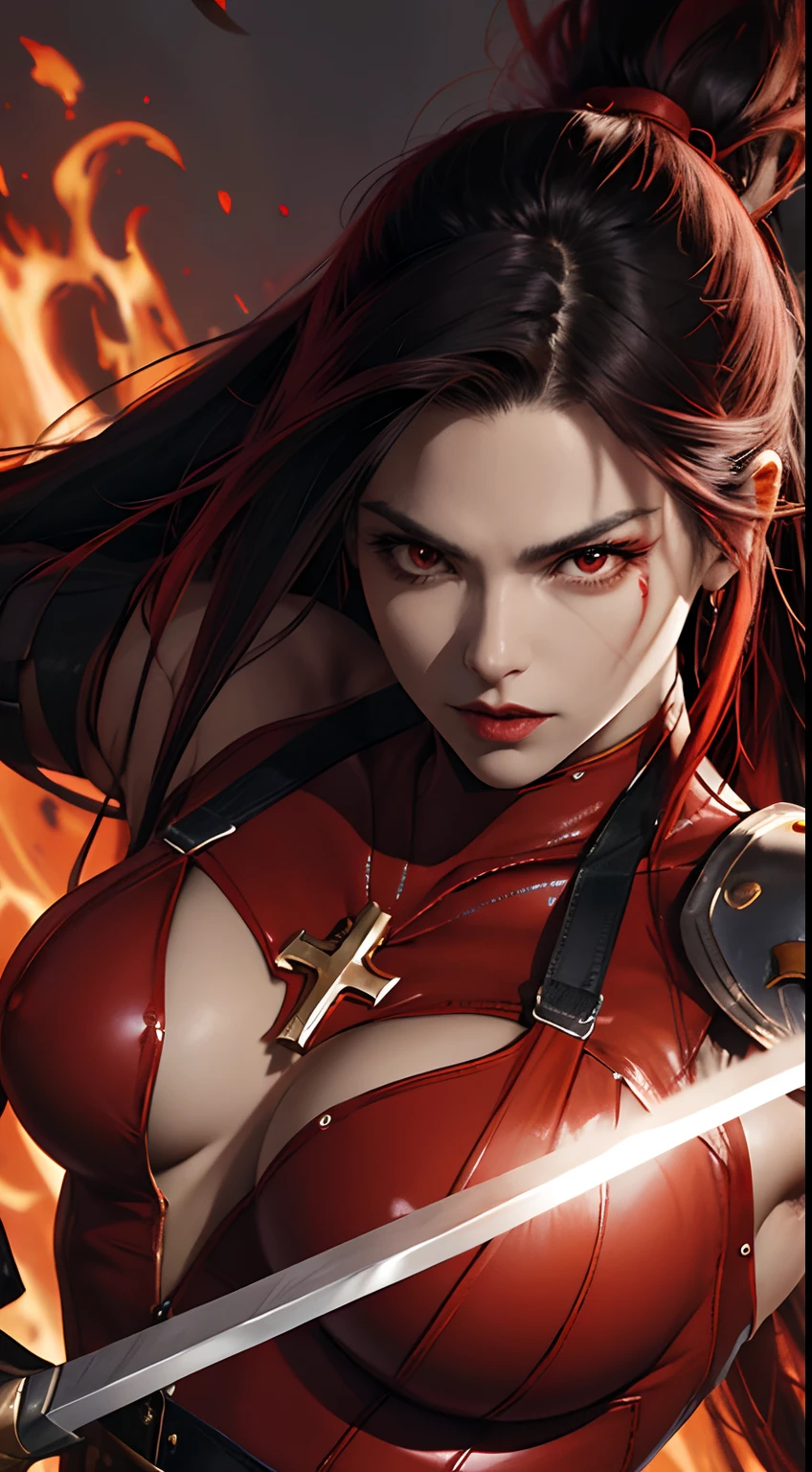 a cool,20th generation female,Long straight hair with red highlights on black hair,Red Eyes,sharp eye,glares,Intricately decorated red leather bodysuit,,cross belt,Comical illustration,loimu,,(Effect Effects),Fantasia,Holding a huge sword,Flaming sword,battle field,A warrior,swordsmen,Beautuful Women,muscular and slim figure、Detailed expression of realistic skin texture、Facial expression close-up、Full body projection