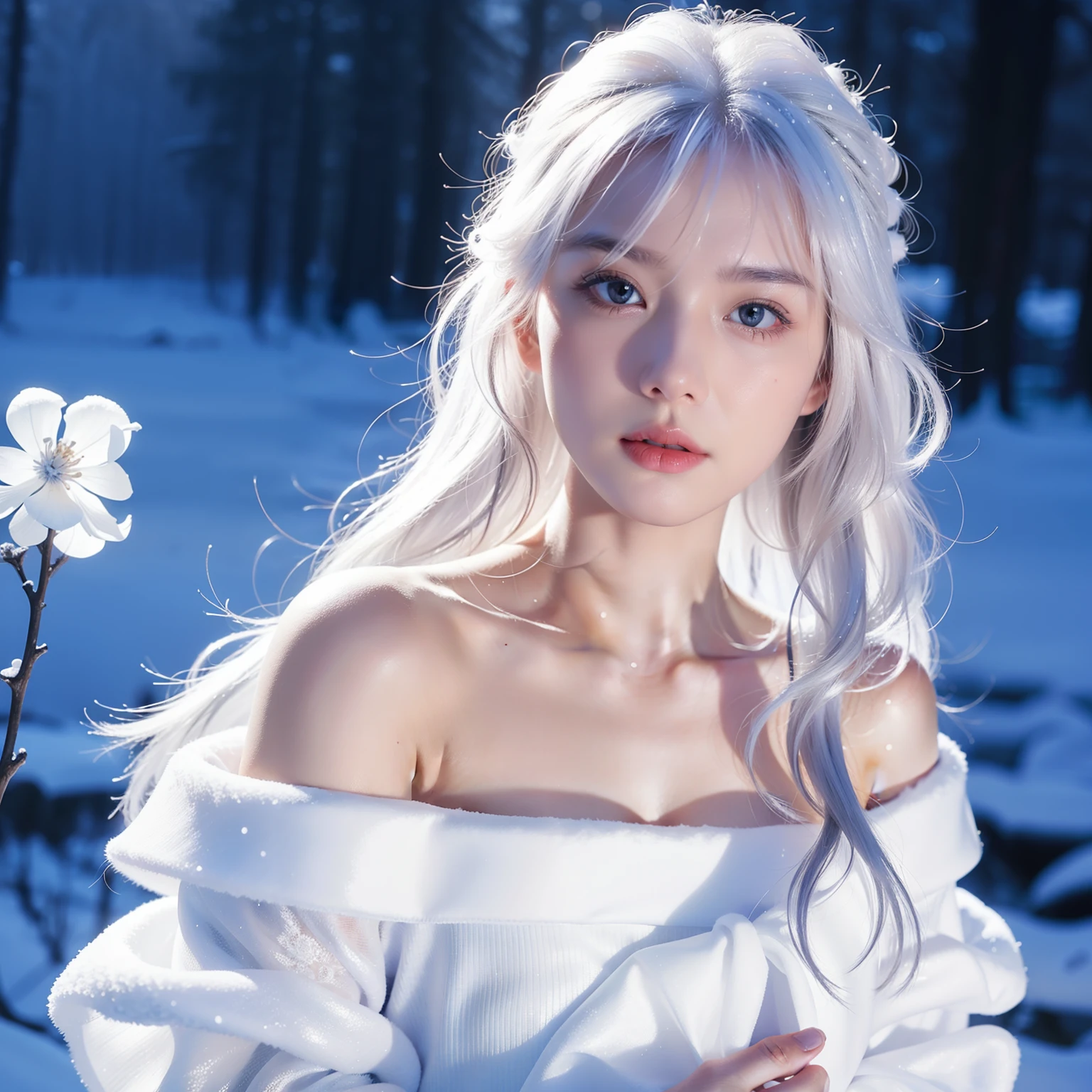 1girll,(Snow,Ice), snowflower, In winter, White hair, Shiny hair, Wavy hair, Transparent clothes, frilld, Lace, Wet clothes, Off_Shoulder, hair scrunchie,Masterpiece, Telephoto lens, absurderes, Exquisite facial features