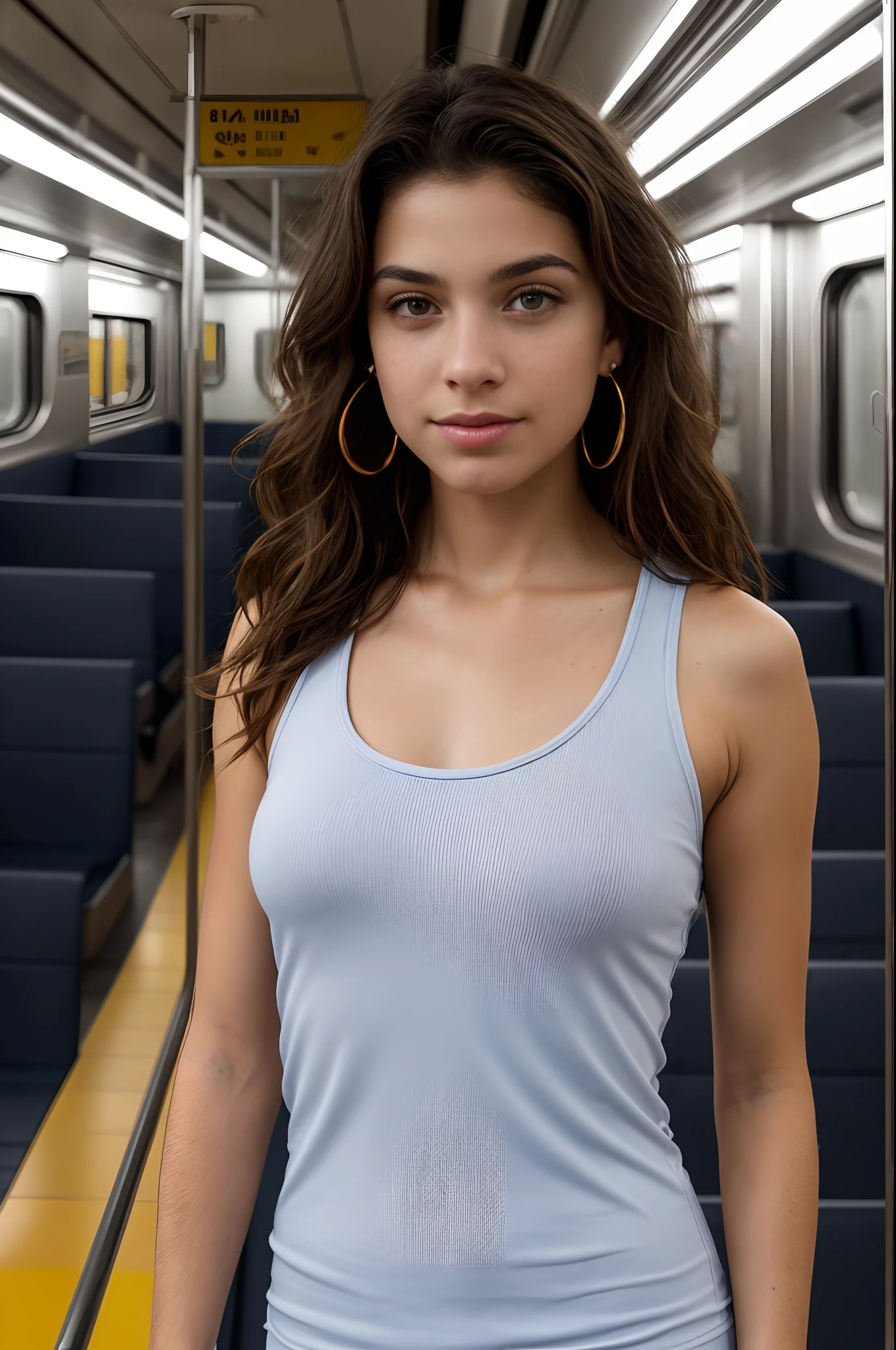 ((Latina )), beautiful girl, freckles on her face, light blue eyes, large earrings, white tank top, square neckline, black leggings, no panties, realistic vagina, close-up from thighs to face, head shot short, very light skin, very long hair, wavy hair, red hair, busy subway car, photorealistic, indirect lighting, volumetric light, ray tracing, hyperdetailed, best quality, ultra-high resolution, HDR, 8k