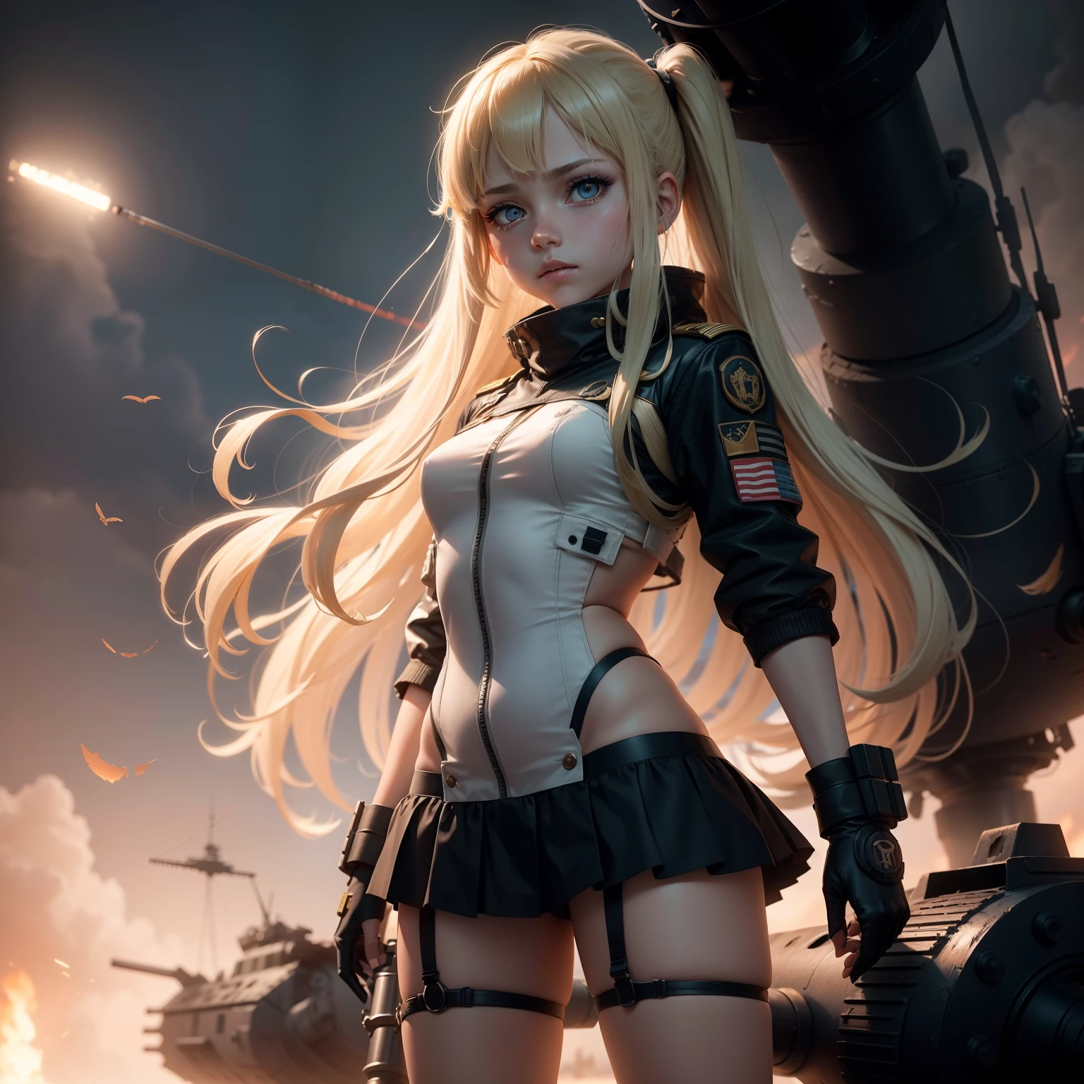Destroyed aircraft carrier,ukrainian girl , Ukrainian anime girls , , Ukraine ,  Full body composition of young girl with messy bright blonde hair, eye make up, 13 year old,  Soft lighting, Solo,, badges, Pose, Blotch color, Octane Render, Hyperrealistic intricate detail, Cinematic, 8K resolution, 70mm, Accent Lighting, Global Illumination, Full body portrait, clean detailed faces, poneyTail,Cute face,, Slim legs,combat suit,long court,Presidential attire,Set up a bazooka,