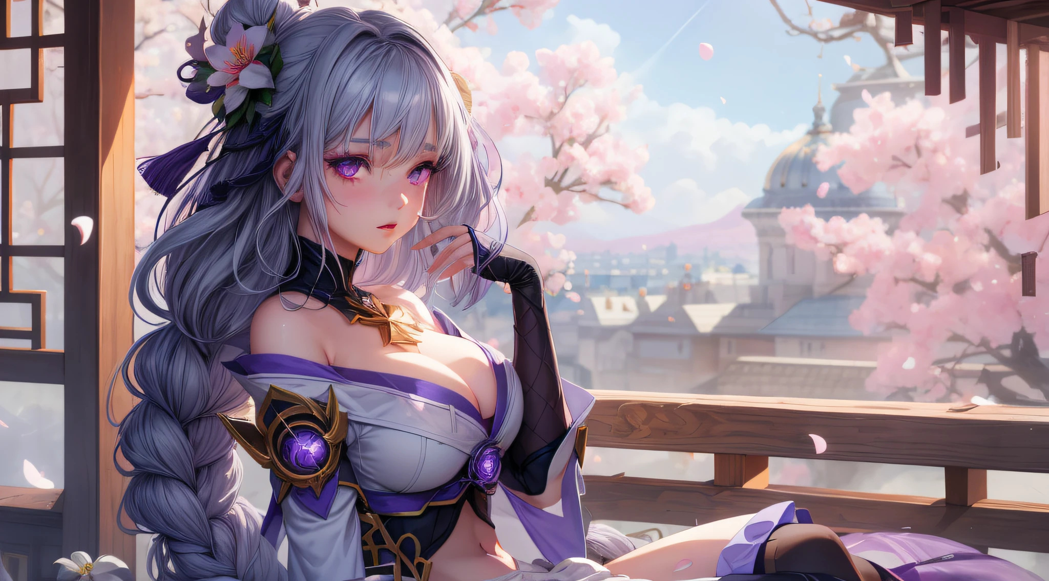 realistic, 1girl, white hair, purple eyes, glowing eyes, crop top, skirt, parted lips, blush, night, flowers, sun, sunlight,