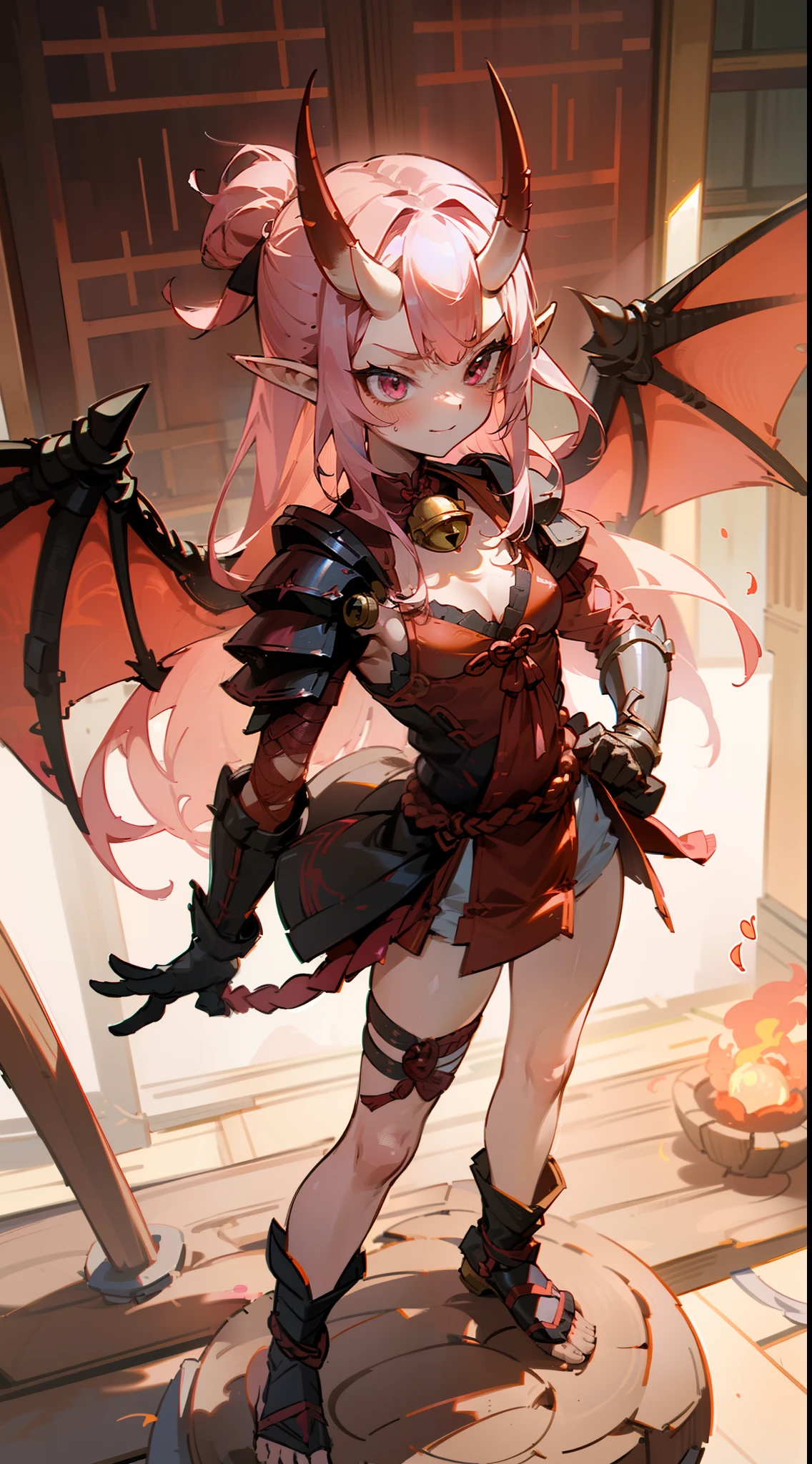 masterpiece, best quality,1girl, (small body,8years),solo, cute face, pink eyes, small breast,red oni horns, pink armor,cleavage,(bare bell),long hair, pink hair, pointy ears,dragon wings,serious,sexy,sensual(standing in a tatami in school,sunlight),full body,(creating fireball with your hand)