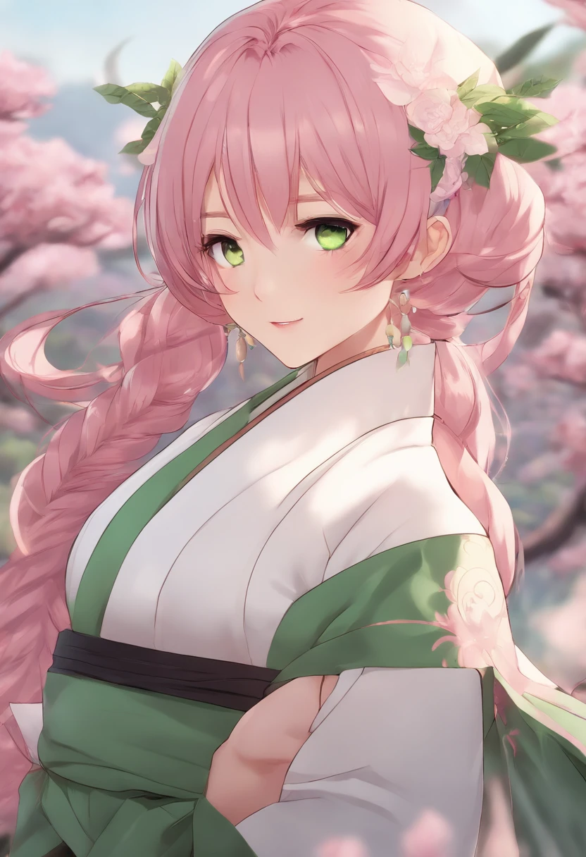 ((masterpiece, illustration, strong outlines, best quality, ultra-detailed)), perfect anatomy, anime character, anime screenshot, 1girl, mitsuri, mitsuri kanroji, mitsuri kanroji demon slayer, portrait, demon slayer anime, giant breasts, pink hair, long hair, green hair tips, beautiful, digital art, black kimono, revealing kimono, cleavage, smile, fangs, long sleeves, sleeves past fingers, digital art, trending on ArtStation, featured on Pixiv, character accurate