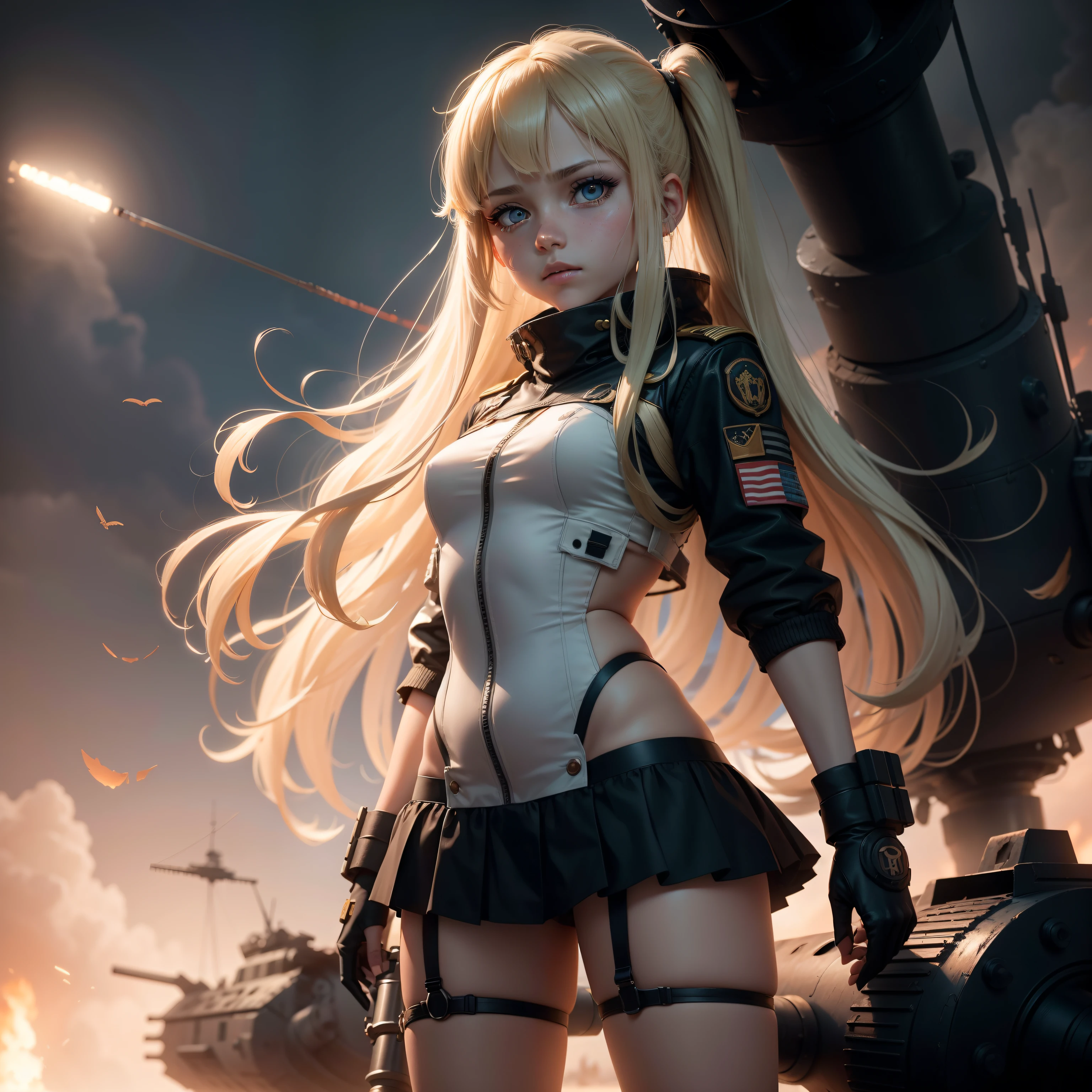 Destroyed aircraft carrier,ukrainian girl , Ukrainian anime girls , , Ukraine ,  Full body composition of young girl with messy bright blonde hair, eye make up, ***********,  Soft lighting, Solo,, badges, Pose, Blotch color, Octane Render, Hyperrealistic intricate detail, Cinematic, 8K resolution, 70mm, Accent Lighting, Global Illumination, Full body portrait, clean detailed faces, poneyTail,Cute face,, Slim legs,combat suit,long court,Presidential attire,Set up a bazooka,