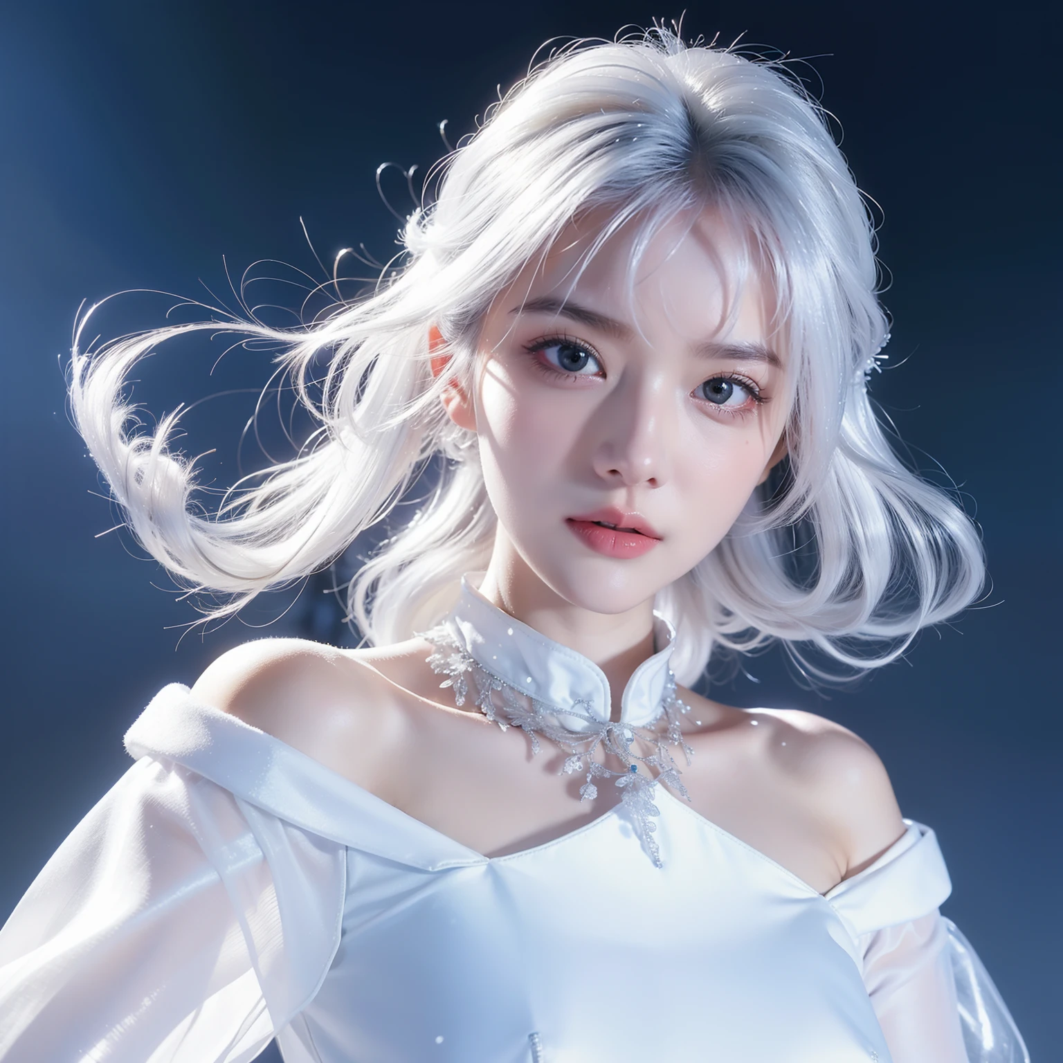 1girll,(Snow,Ice), snowflower, In winter, White hair, Shiny hair, Wavy hair, Transparent clothes, frilld, Lace, Wet clothes, Off_Shoulder, hair scrunchie,Masterpiece, Telephoto lens, absurderes, Exquisite facial features