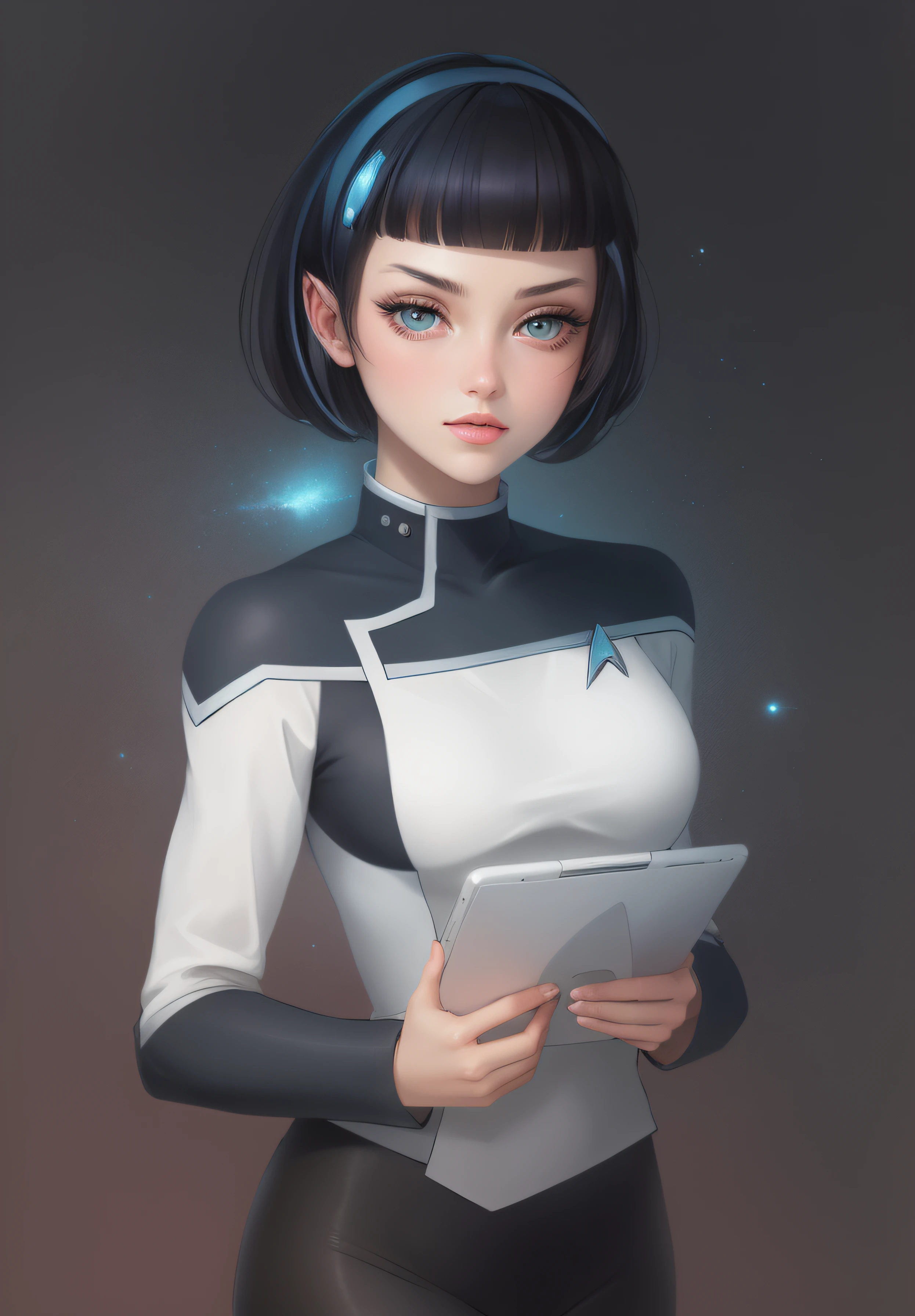 Un dibujo de una mujer con un vestido sosteniendo un libro, Lineart perfecto, sharp lineart, Lineart de bola, Lineart limpio, Lineart simple, Futuristic member of the spacecraft crew, Lineart negro grueso, Arte lineal, Retrato Anime Space Cadet Girl, en uniforme de la Flota Estelar, Lineart grueso, Arte lineal intenso, Arte lineal minimalista, Lineart pesado, Arte lineal simple, 1girl, star trek, solo, pelo corto, flequillo recto, tight suit, mirando al espectador, fondo azul, cabello negro, fondo simple, dos lados hacia arriba, ojos azules, labios, boca cerrada, cinta, cinta de pelo, flequillo, parte superior del cuerpo, flequillo partido, cinta negra, sosteniendo un ipad, holding a tablet
