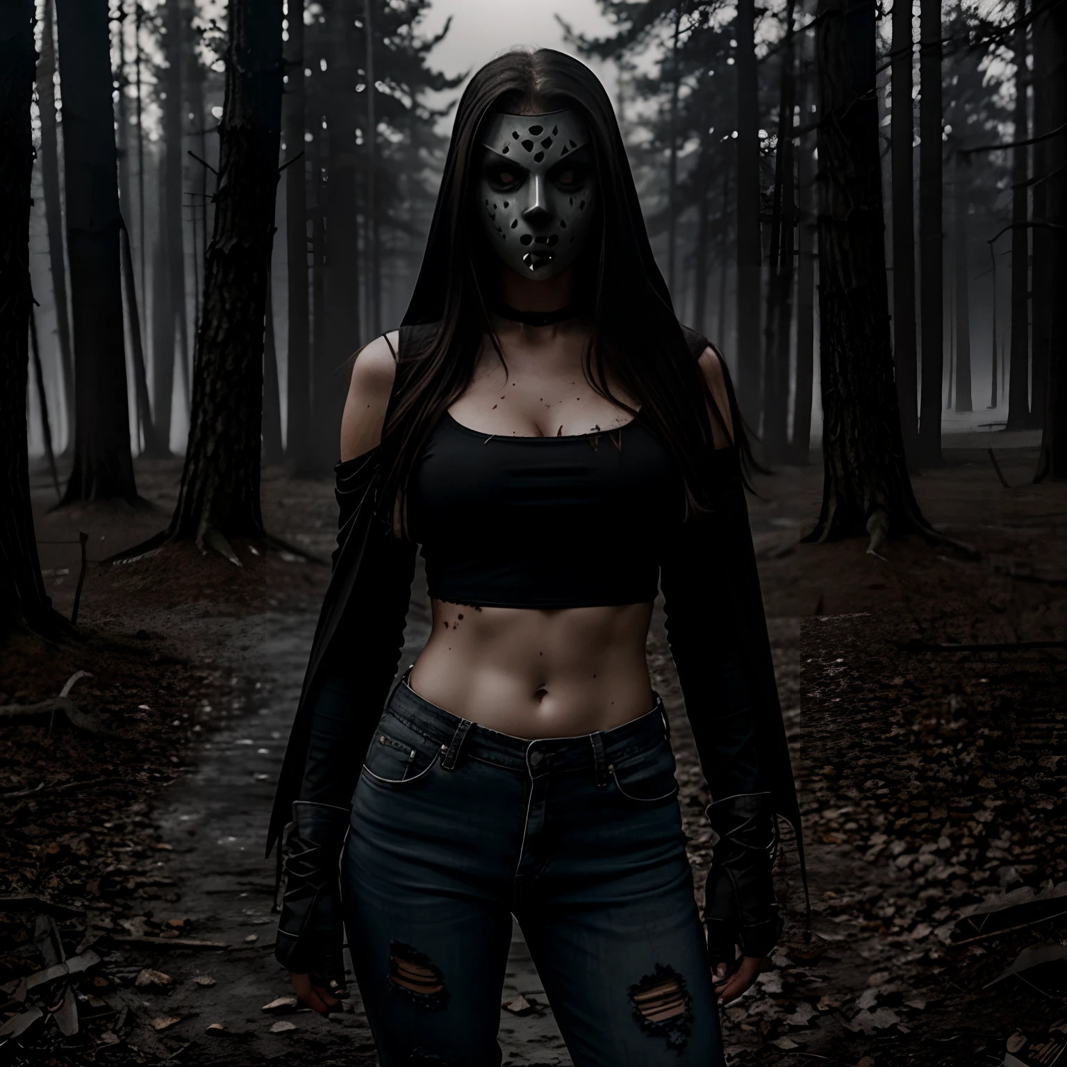 Generate a striking photograph of Autumn in her mid-20s, standing at approximately 5'4". She embodies a female version of Jason Voorhees from the Friday the 13th franchise. Her long, wavy chestnut hair cascades eerily over her shoulders, and her athletic hourglass figure, including her full bust, is cloaked in a sinister yet alluring manner. Her complexion is pallid, creating an eerie contrast with her dark attire.Cloaked in a gender-bent, menacing interpretation of Jason Voorhees' iconic attire, Autumn wears a tattered and blood-spattered hockey mask that conceals her face. Her clothing consists of a weathered, blood-stained crop top hockey jersey, paired with distressed, dirt-covered jeans and heavy, mud-caked boots.The photoshoot takes place in a creepy, moonlit forest by the shores of Crystal Lake. The atmosphere is shrouded in fog, and the dim moonlight casts eerie shadows through the trees, creating a chilling ambiance.Autumn strikes poses that convey both malevolent power and eerie allure. She might menacingly wield a bloodied axe, poised to strike, while her expressive brown eyes gleam with malevolence through the eye holes of the hockey mask. Her stance exudes a sinister confidence that captures the essence of Jason Voorhees.Intense look and makeup, asymmetrical mask design, photorealistic, moonlit lighting, ominous fog, reflective axe blade, visible gore and bloodstains, chilling shadows, intricate, elaborate, hyper-realistic.
