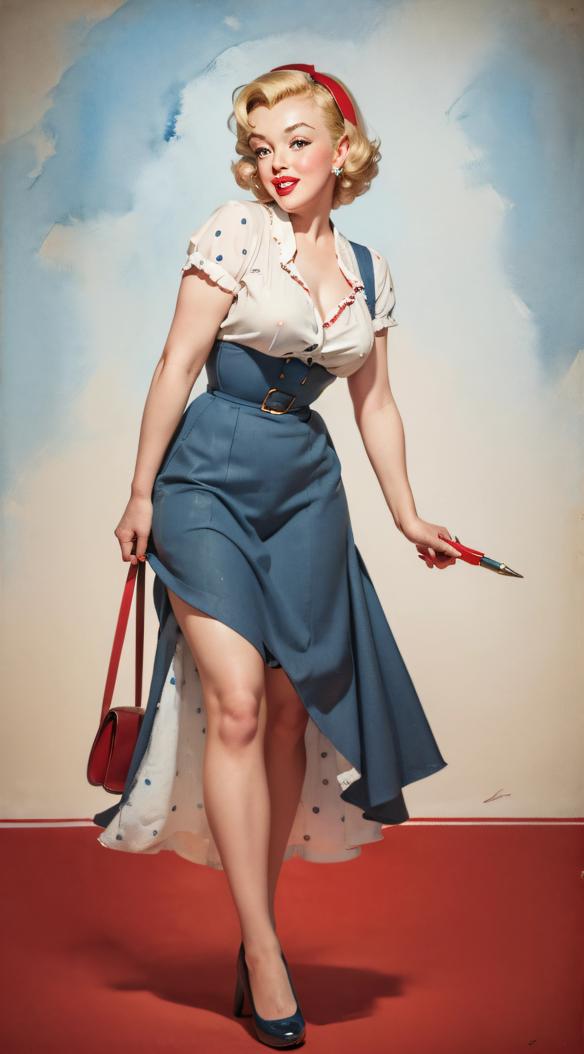 1950s Watercolor, Pen and Ink, 25 yo Marilyn Monroe in retro fashion, pin-up style, full body shot,  depiction of rural life, light gray and light brown and red and white and blue, in the style of classical Americana, mottled, playful innocence, dotted, cutout from white background, in the style of Norman Rockwell, masterpiece art work,