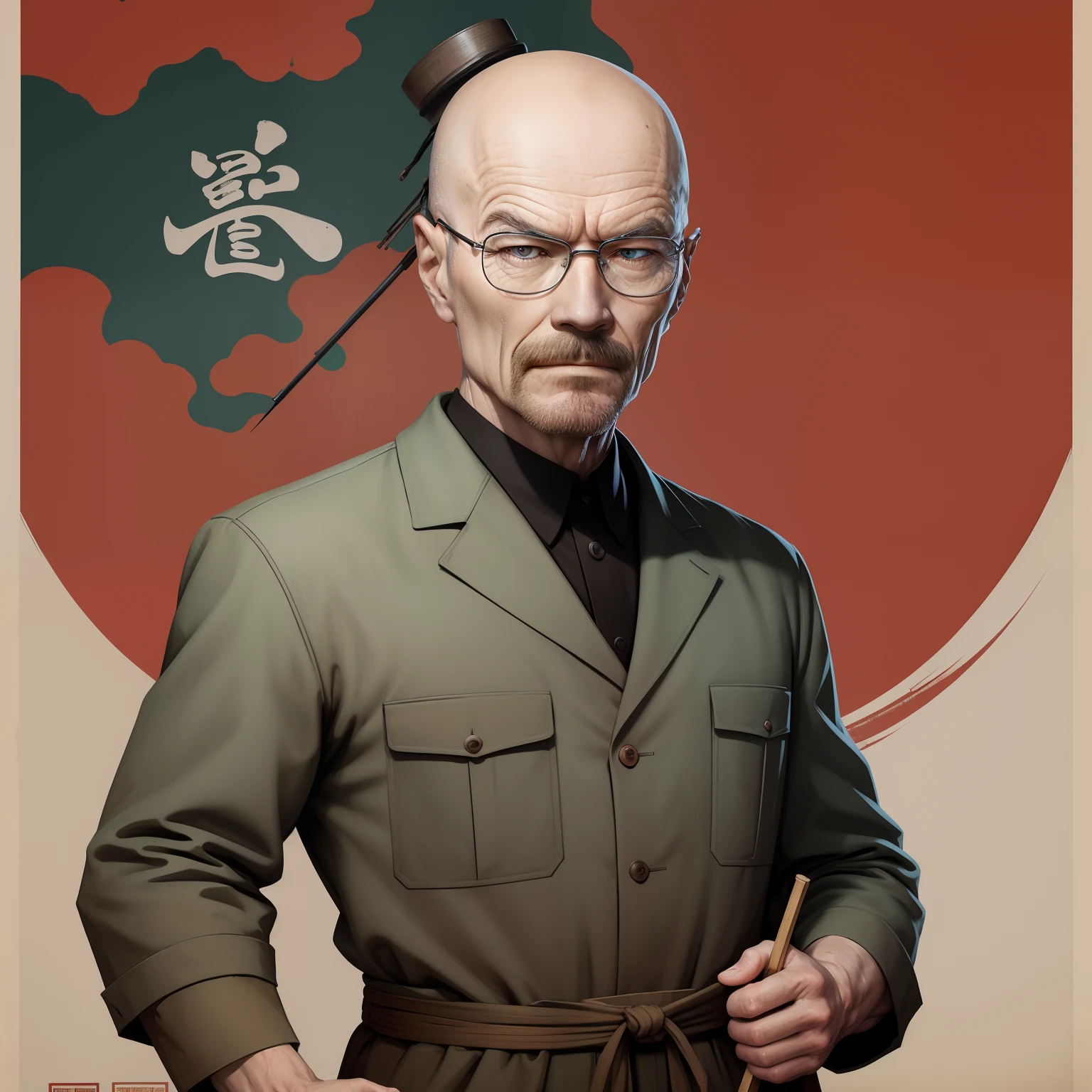 Walter white dressed as a 1960s Chinese dictator in a Chinese cultural revolution era propaganda poster
