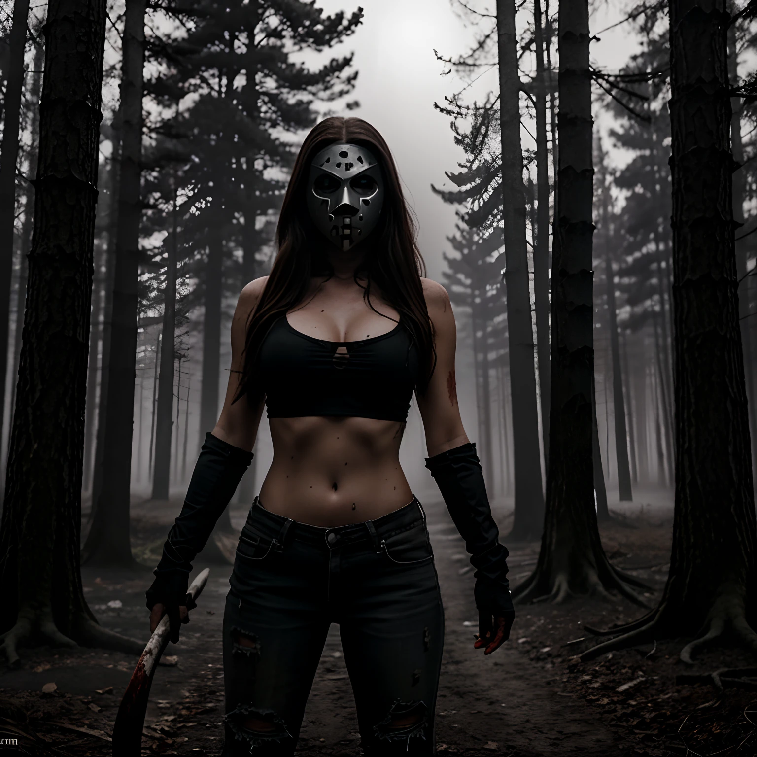 Generate a striking photograph of Autumn in her mid-20s, standing at approximately 5'4". She embodies a female version of Jason Voorhees from the Friday the 13th franchise. Her long, wavy chestnut hair cascades eerily over her shoulders, and her athletic hourglass figure, including her full bust, is cloaked in a sinister yet alluring manner. Her complexion is pallid, creating an eerie contrast with her dark attire.Cloaked in a gender-bent, menacing interpretation of Jason Voorhees' iconic attire, Autumn wears a tattered and blood-spattered hockey mask that conceals her face. Her clothing consists of a weathered, blood-stained crop top hockey jersey, paired with distressed, dirt-covered jeans and heavy, mud-caked boots.The photoshoot takes place in a creepy, moonlit forest by the shores of Crystal Lake. The atmosphere is shrouded in fog, and the dim moonlight casts eerie shadows through the trees, creating a chilling ambiance.Autumn strikes poses that convey both malevolent power and eerie allure. She might menacingly wield a bloodied axe, poised to strike, while her expressive brown eyes gleam with malevolence through the eye holes of the hockey mask. Her stance exudes a sinister confidence that captures the essence of Jason Voorhees.Intense look and makeup, asymmetrical mask design, photorealistic, moonlit lighting, ominous fog, reflective axe blade, visible gore and bloodstains, chilling shadows, intricate, elaborate, hyper-realistic.