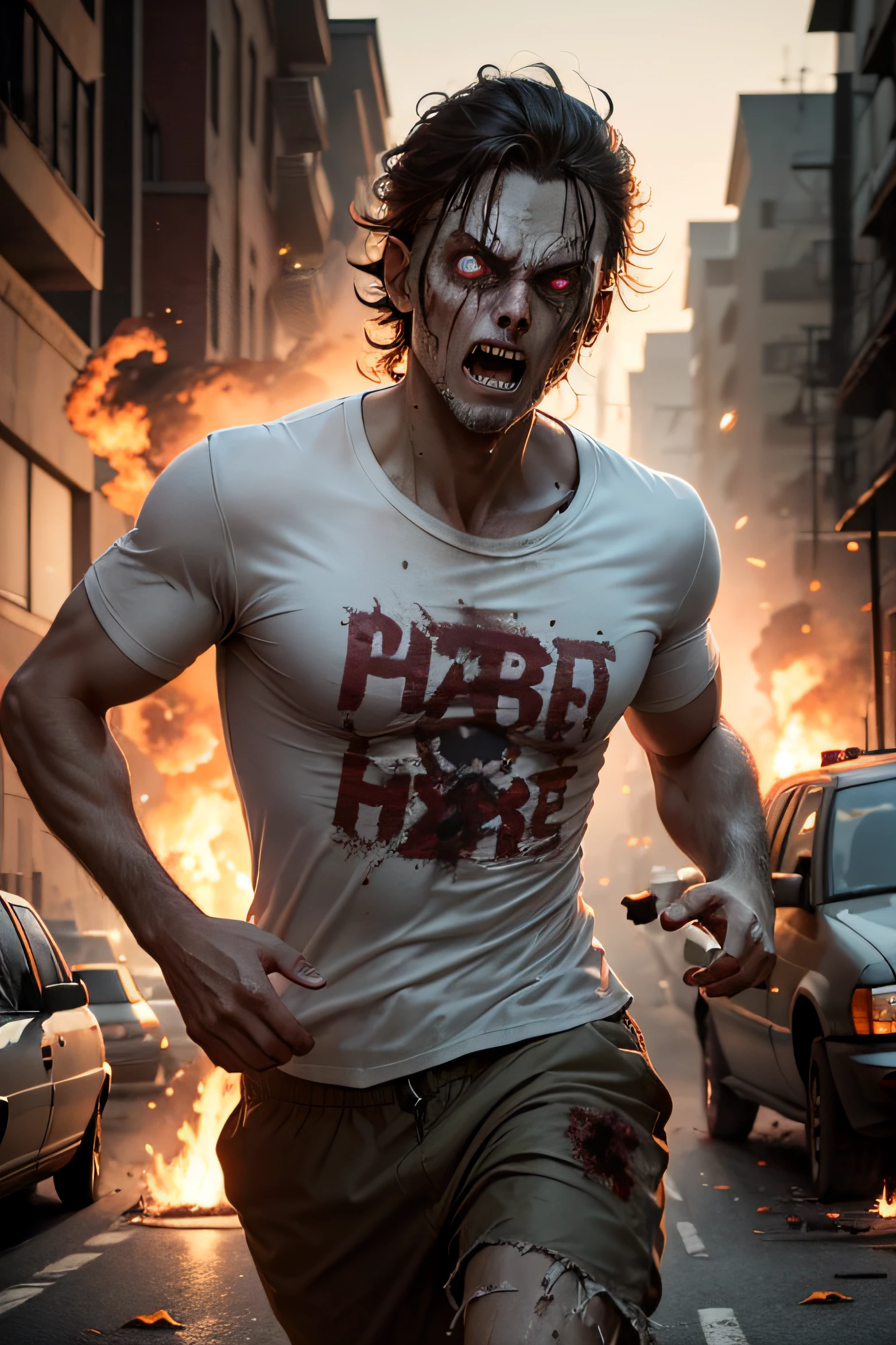 extra high resolution, Zombie in white T-shirt running on camera, Zombie Apocalypse, fire, Wrecked cars, Dark street, halloween, Pumpkin instead of head