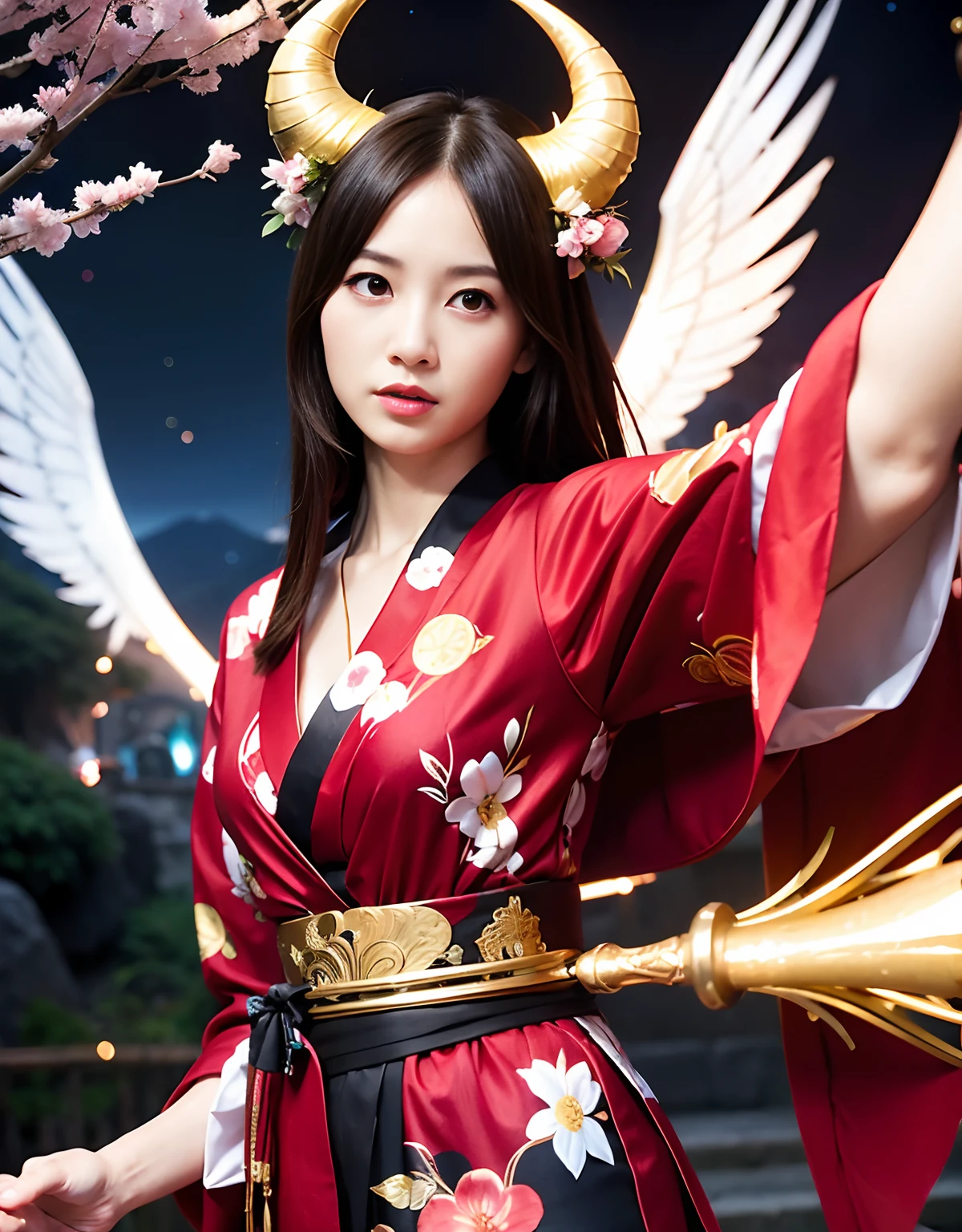((White ghost flies)),Professional , ​masterpiece、top-quality、photos realistic , depth of fields 、（Various poses）、(Background of cherry blossoms in full bloom),（Ultimate Beauty）、（A dark-haired）、（Fight ninjas)、Mystical expression、（Kimono with scary pattern）、（Night background）、Precipitous cliffs、（（Devil's Wings Grow））,(Wear a kimono with a floral pattern),Armpit、（Wearing a colorful and beautiful kimono）、Jewel Gold Weapon、Particles of light),（Has a devil's mask）、Gorgeous gold weapons ,Skeleton population、（（ Gorgeous Dragon Sword）） , （a dark night）,,（White ghost flies） 、（（Black Haired Beautiful Girl））、（Castle background）、（demonic wings）、（（Gangle's forest background））、Beautiful Caucasian beauty、１a person、dynamic ungle,(((Two devil's horns on the head)))、Smaller head、Idle Smile、Thin and beautiful female hands、Mystical expression、Light Effects、intense fighting、Wind-effect、magic circles、With the legendary magic wand、Dragon's tail、