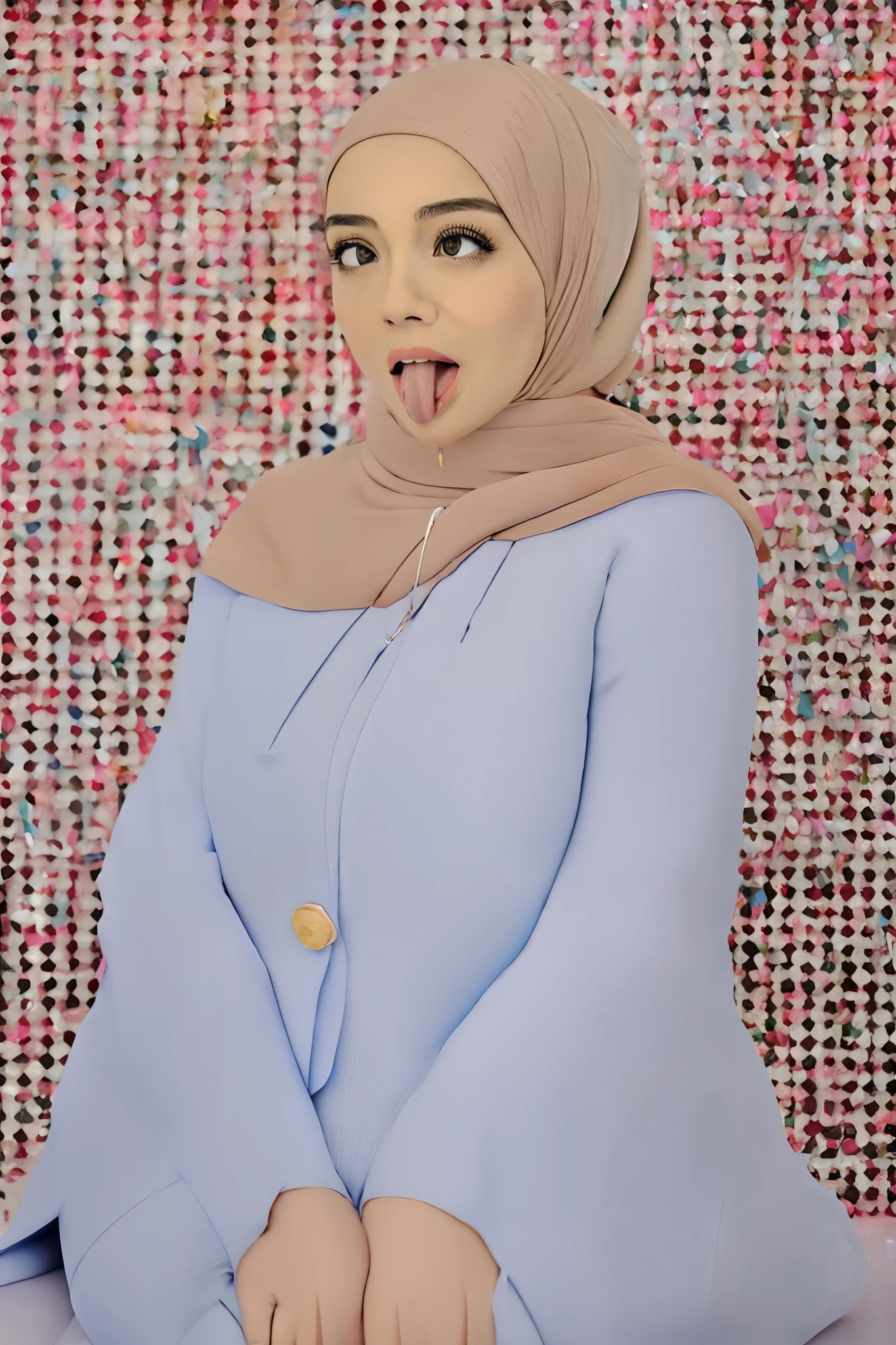 1girl, kneeling, solo, hijab, cute face, shy look, looking at viewers, ahegao, rolling eyes, tongue, tongue out, realistic tongue, open mouth, big tits, curvy hourglass body, slim waist, thick hips, topless, perfect , collar, outdoor