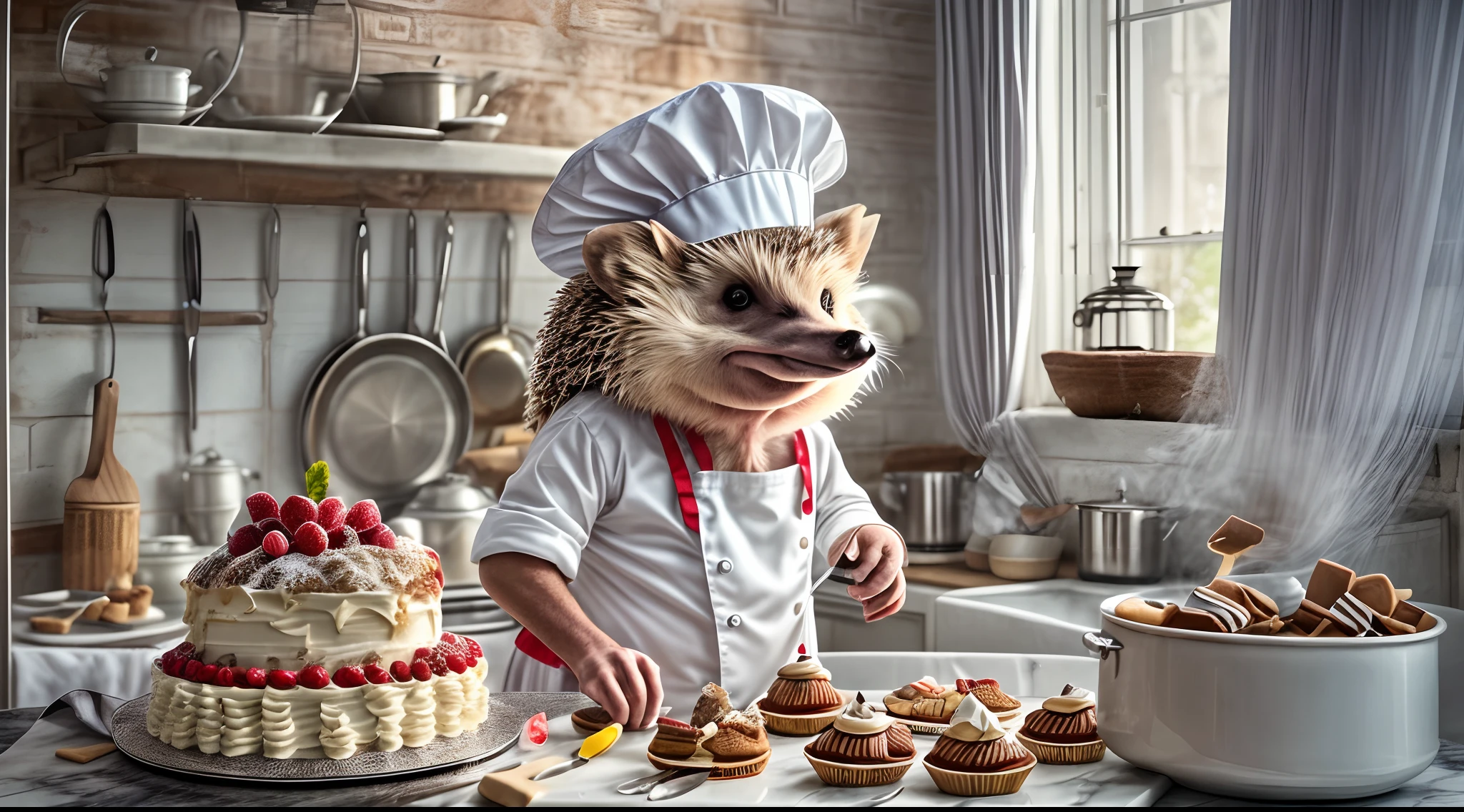 Anthropomorphic hedgehog preparing sweets in kitchen, a cake, hindquarters, White chef's hat, lightroom, Cinematic, hdr, soggy, intricate complexity, hiquality, Calm tones, Complicated details, Low contrast