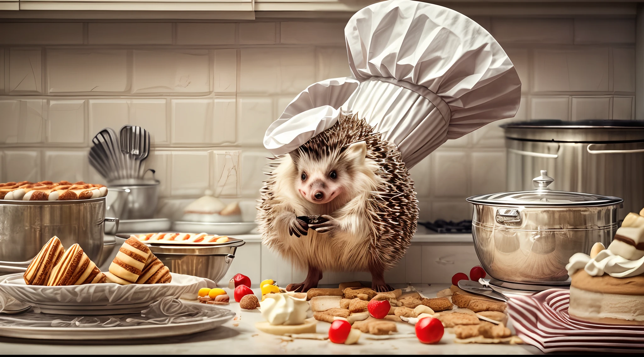 Anthropomorphic hedgehog preparing sweets in kitchen, a cake, hindquarters, White chef's hat, lightroom, Cinematic, hdr, soggy, intricate complexity, hiquality, Calm tones, Complicated details, Low contrast