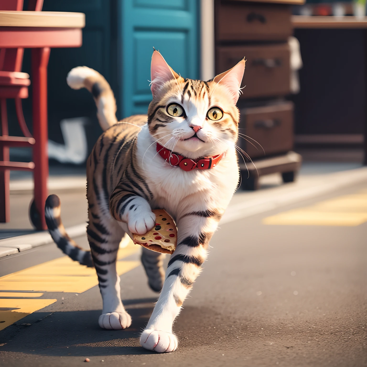 Cat approaching for a pizza in funny way