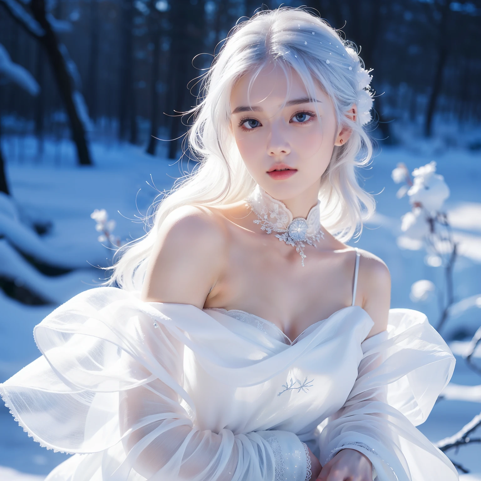 1girll,(Snow,Ice), snowflower, In winter, White hair, Shiny hair, Wavy hair, Transparent clothes, frilld, Lace, Wet clothes, Off_Shoulder, hair scrunchie,Masterpiece, Telephoto lens, absurderes, Exquisite facial features