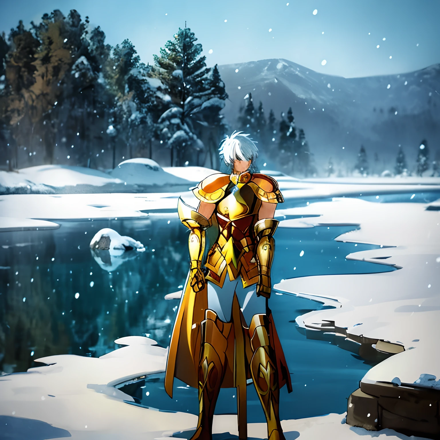 Short white-haired man standing in a lake, usando a armadura de ouro de aquario de (Knights of the Zodiac) It's snowing