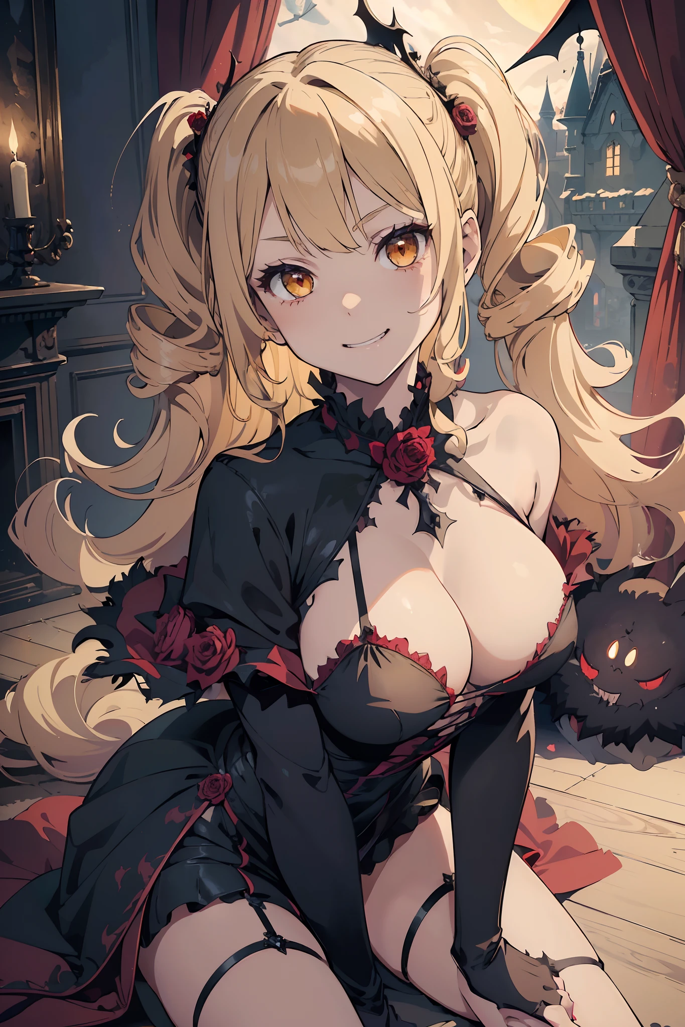 (masterpiece, high quality, detailed), 1girl, vampire girl, big poofy sandy-blonde hair, bright yellow eyes, hair drills, smug grin, (wearing slutty red dress), (deeply plunging neckline) black fur trim, small beasts, petite, provocative, flowing cape, haunted castle interior, scattered rose petals, spooky, horror