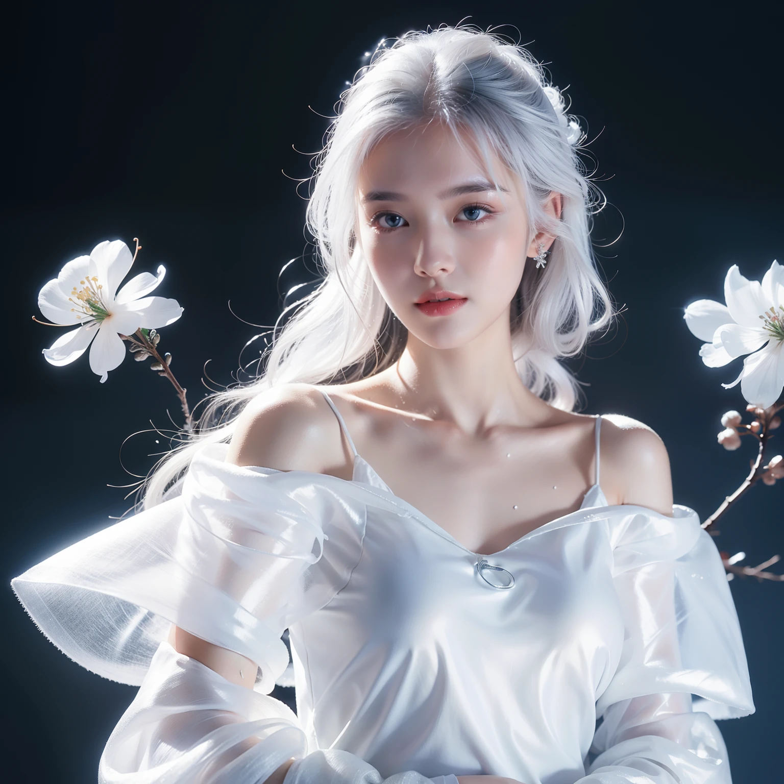 1girll,(Snow,Ice), snowflower, In winter, White hair, Shiny hair, Wavy hair, Transparent clothes, frilld, Lace, Wet clothes, Off_Shoulder, hair scrunchie,Masterpiece, Telephoto lens, absurderes, Exquisite facial features