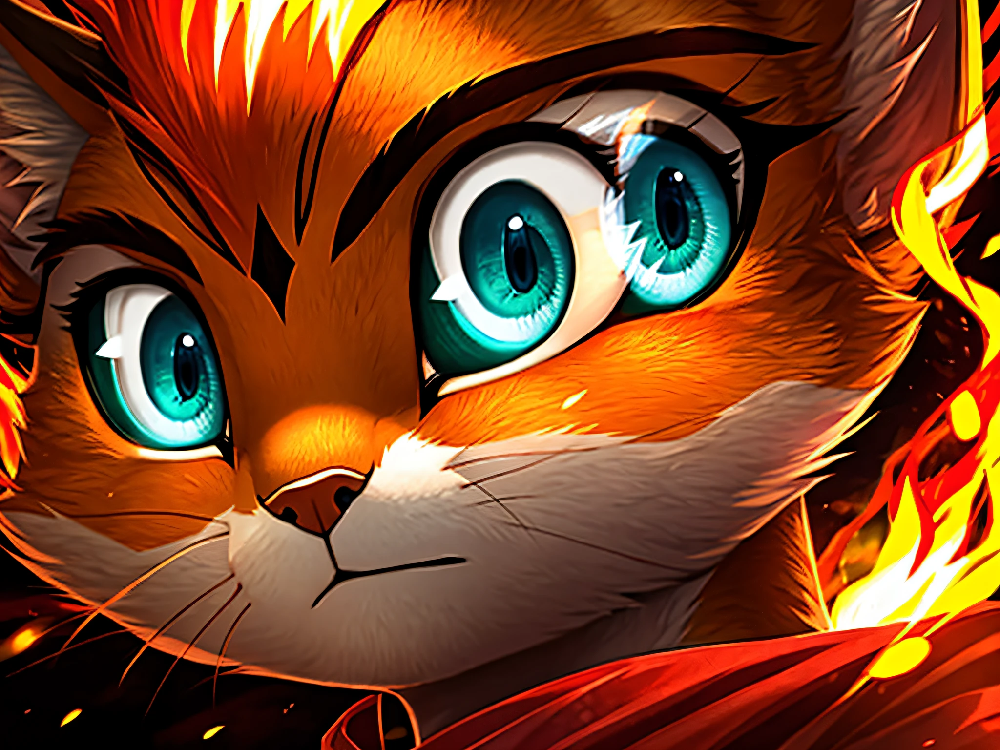 high quality digital illustration, close up portrait, perfect portrait, cinematic composition, fantasy style art, a pretty and heroic young anthropomorphic female cat, orange fur, orange hair, orange color, orange face, long eyelashes, teal eyes, glowing teal eyes, protagonist, a female orange haired and teal-eyed cat warrior, red warrior dress, looking heroic, determined look, fire, swirling fire, fire in the air, dramatic lighting, 4k, stunning visuals