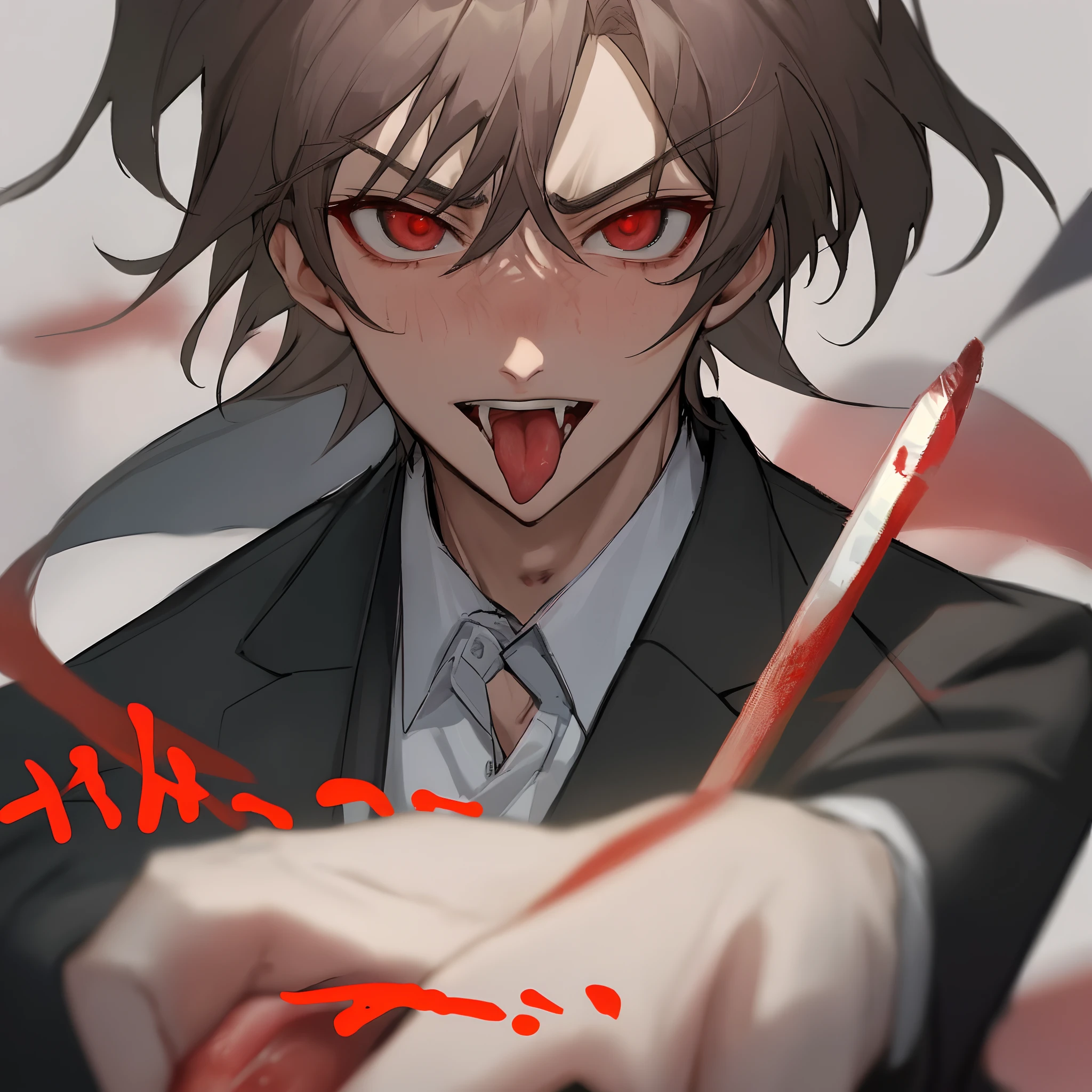 Scammer Man Called Red Tongue、Handsome, suit-wearing and fluent、Pretending to be rude and being rough、He looks calm, insane, and mocks everything in this world, including himself.、He often sticks out his too red tongue from his mouth and makes fun of others.、Swearing and lying。