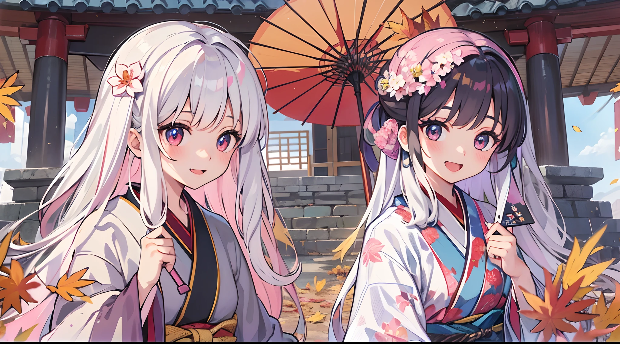 3 girls go to the fuji kawaguchiko autumn festival, wearing kimonos, best quality ,highly detailed, masterpiece, ultra-detailed, one is looking at the falling autumn leaves, the other two are talking, laughing with each other, one person with iridescent blue eyes, long white hair, holding a traditional Japanese umbrella, one person with blue-violet eyes, long light pink hair tied with a flower-shaped hairpin, one person with harmonious red eyes, shiny black hair, holding a small hand fan. autumn leaves scene, 4k ultra.