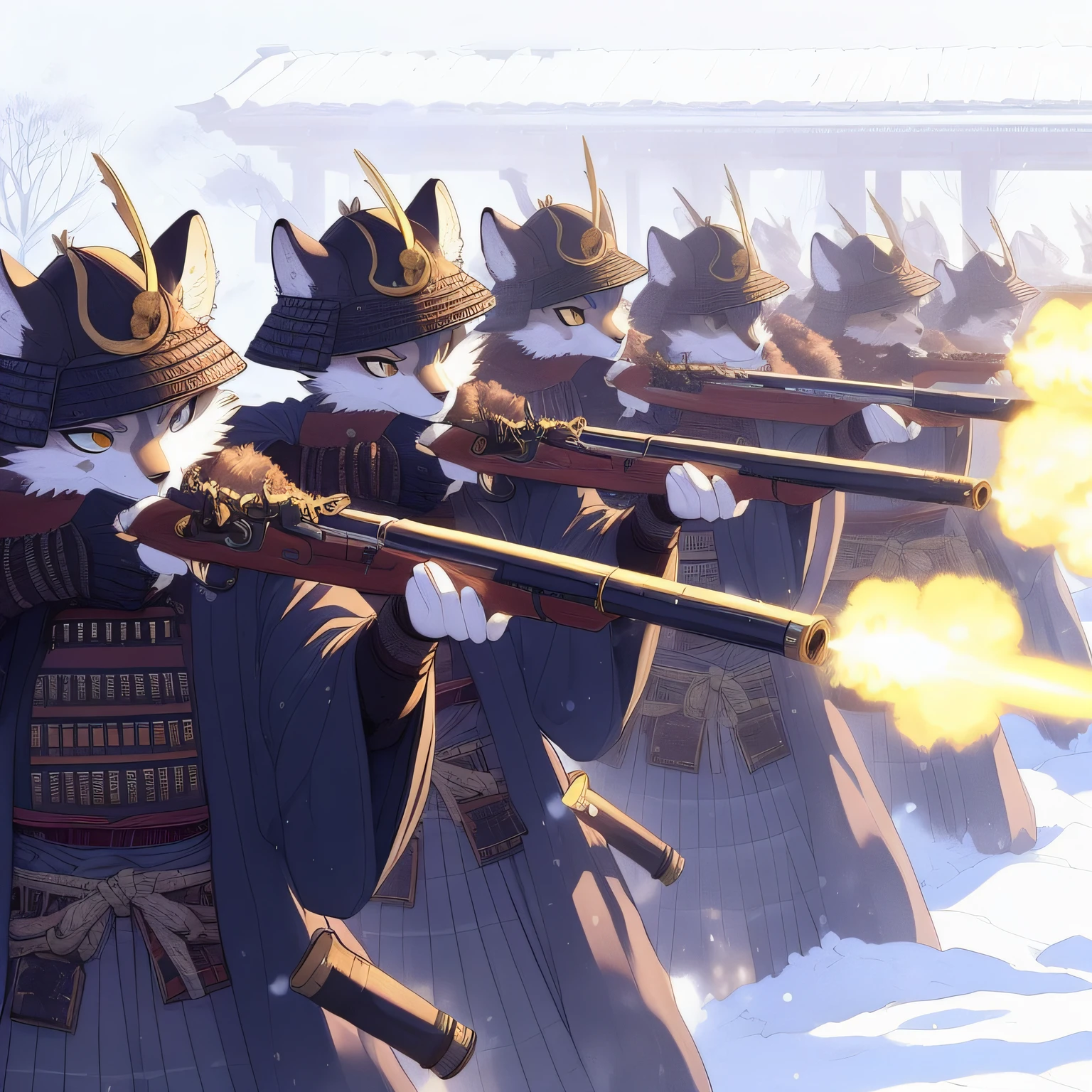 personagens de anime vestidos com trajes de samurai atirando em um grupo de outras pessoas, Arte conceitual tradicional japonesa, feudal japan art, gato samurai, Falange de camundongos Ashigaru, arte detalhada onmyoji, inspired by Kanō Hōgai, trending on artstation pixiv, hamsters segurando fuzis, Guerreiro Gato, raposa nobushi, feudal japan